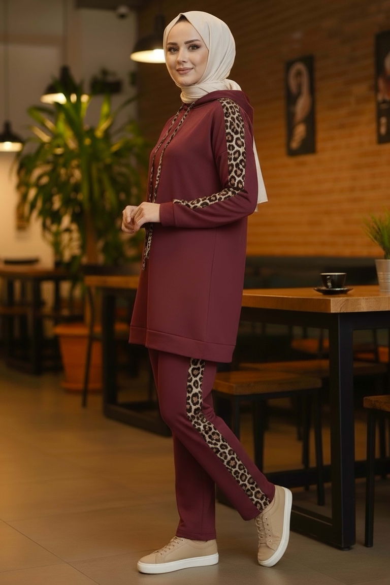 Leopar Şerit Detaylı İki İplik İkili Takım - 2051-BORDO - TOFİSA