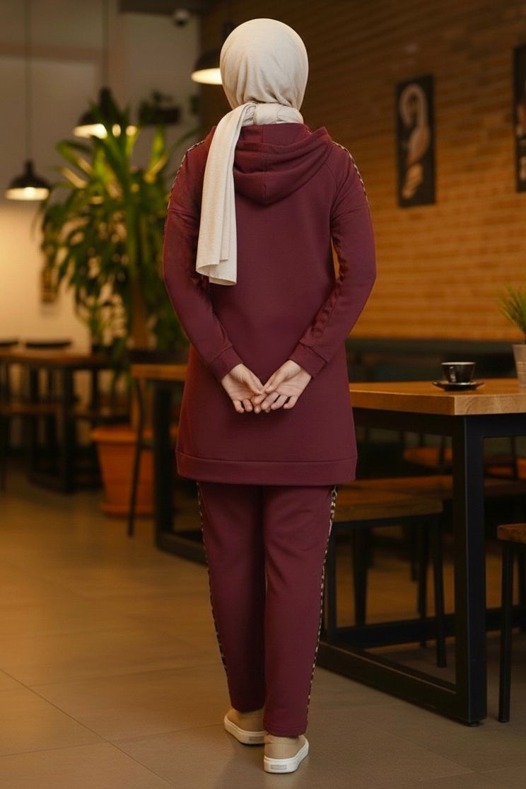 Leopar Şerit Detaylı İki İplik İkili Takım - 2051-BORDO - 3