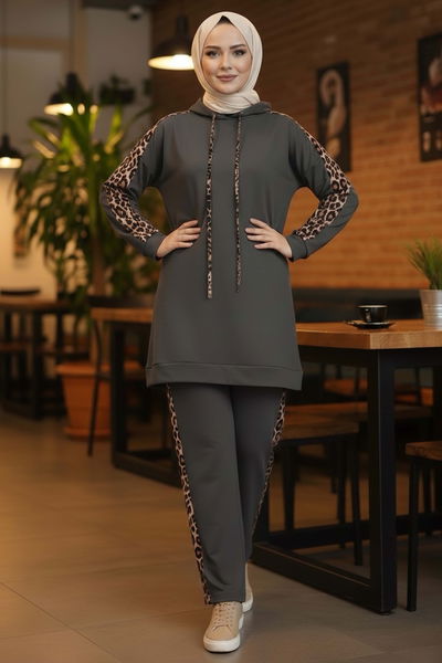 Leopar Şerit Detaylı İki İplik İkili Takım - 2051-FUME 