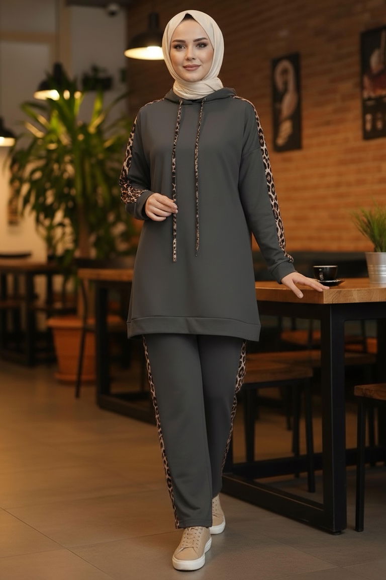 Leopar Şerit Detaylı İki İplik İkili Takım - 2051-FUME - TOFİSA