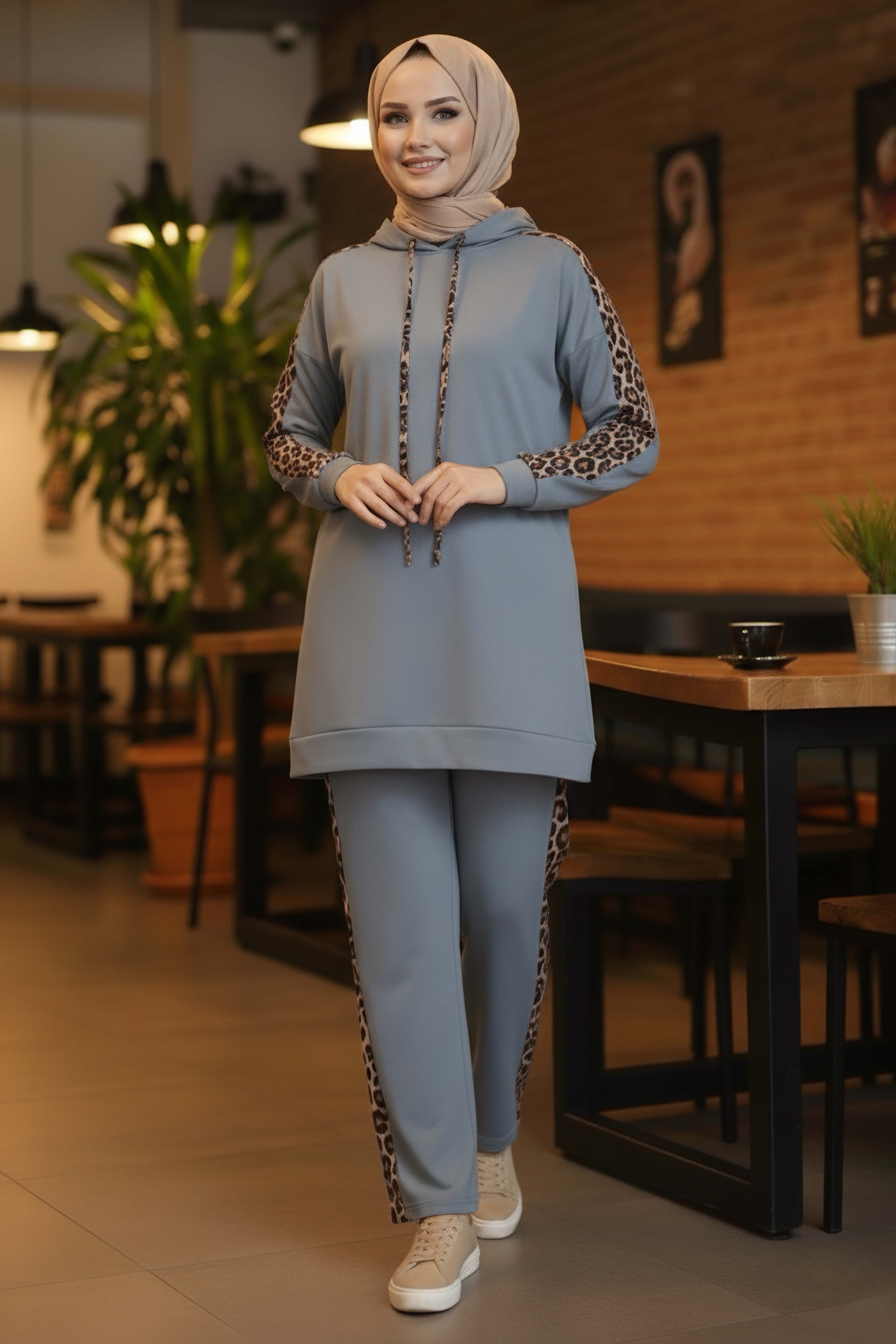 Leopar Şerit Detaylı İki İplik İkili Takım - 2051-GRI - 1