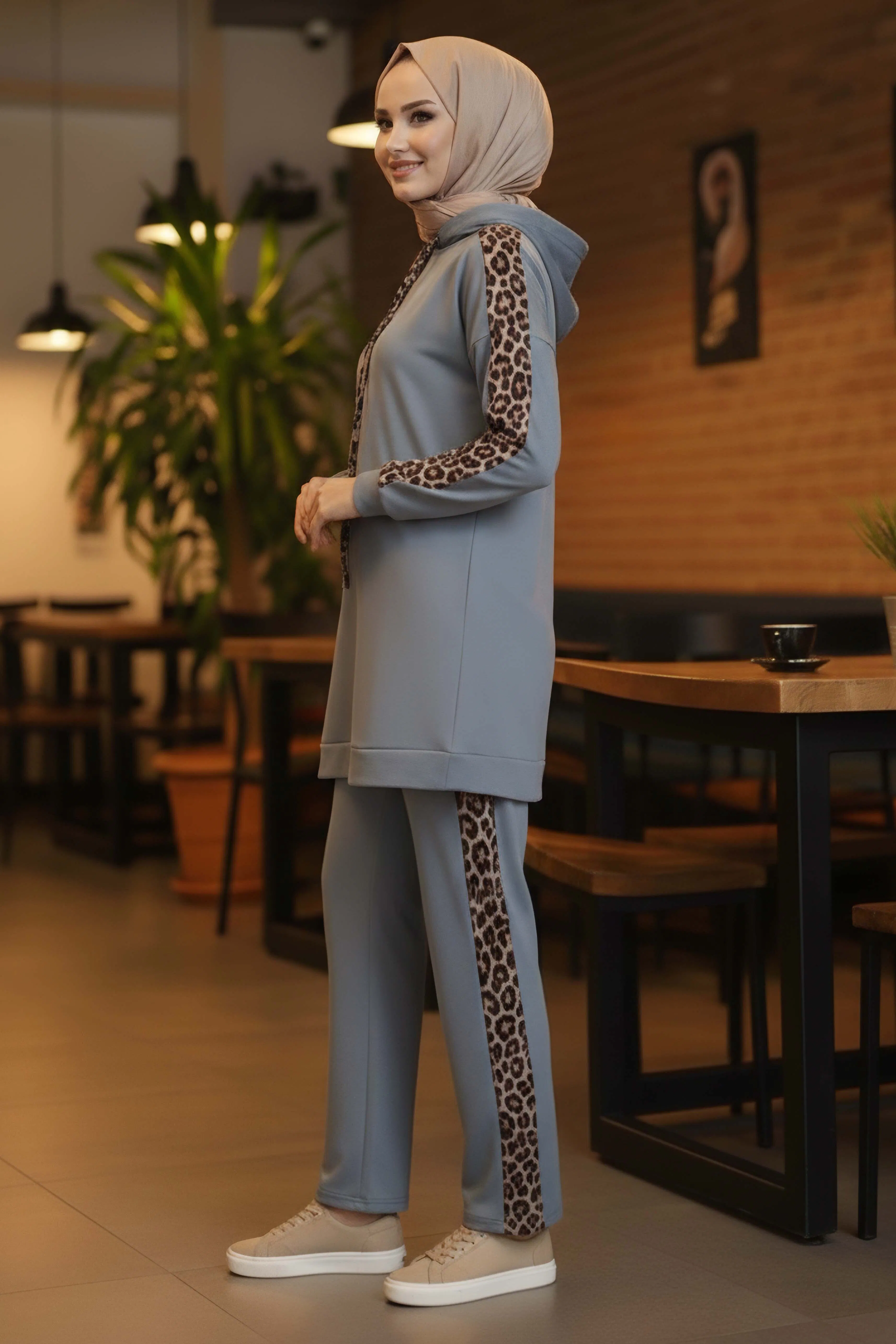 Leopar Şerit Detaylı İki İplik İkili Takım - 2051-GRI - 2