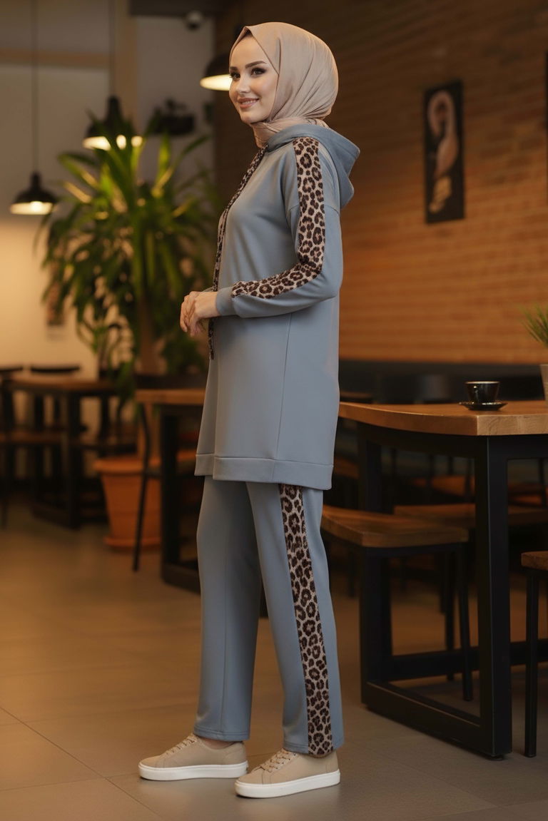 Leopar Şerit Detaylı İki İplik İkili Takım - 2051-GRI - TOFİSA