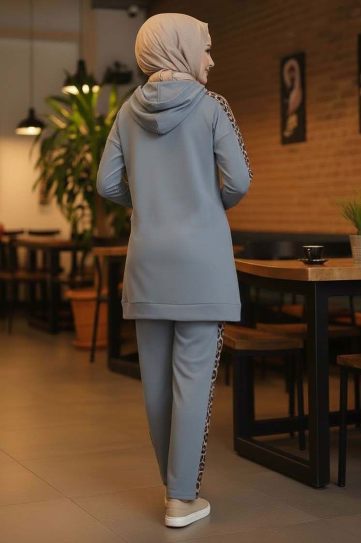 Leopar Şerit Detaylı İki İplik İkili Takım - 2051-GRI - TOFİSA