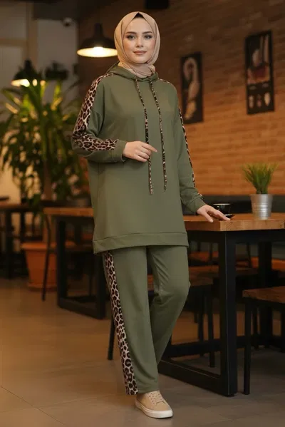 Leopar Şerit Detaylı İki İplik İkili Takım - 2051-HAKI 