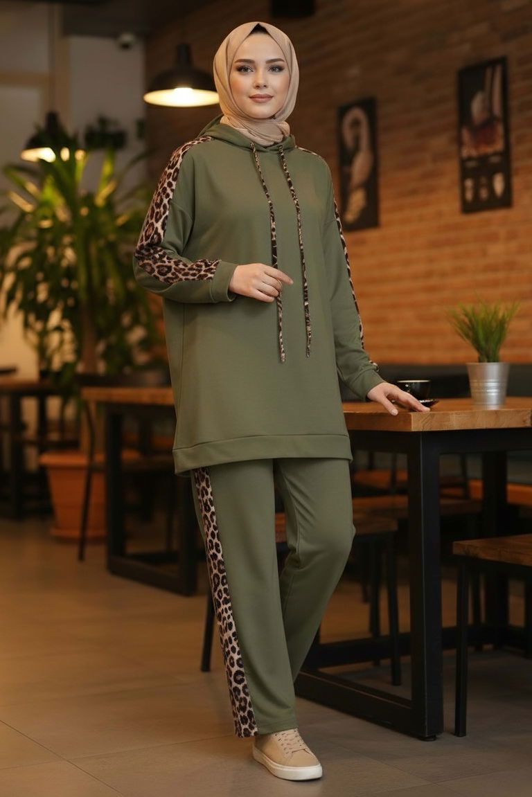 Leopar Şerit Detaylı İki İplik İkili Takım - 2051-HAKI - TOFİSA