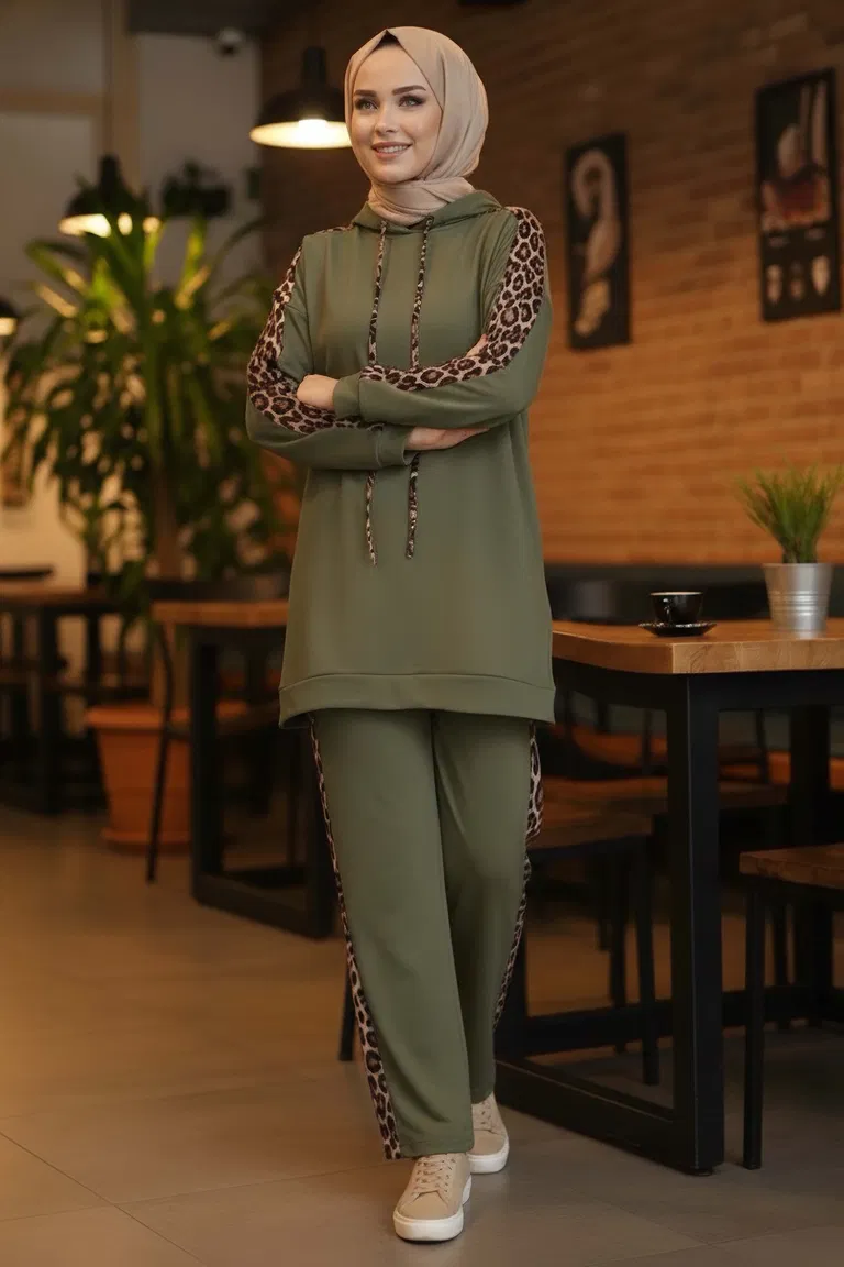 Leopar Şerit Detaylı İki İplik İkili Takım - 2051-HAKI - TOFİSA