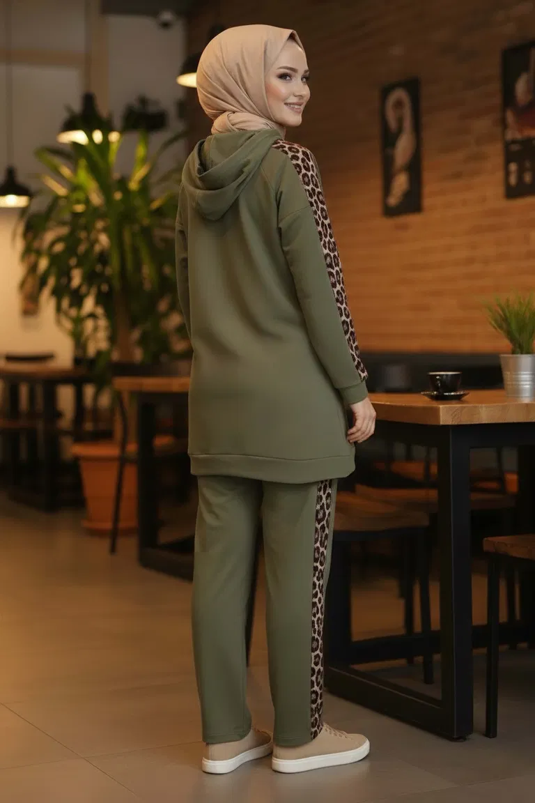 Leopar Şerit Detaylı İki İplik İkili Takım - 2051-HAKI - TOFİSA