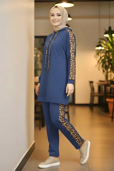 Leopar Şerit Detaylı İki İplik İkili Takım - 2051-INDIGO 
