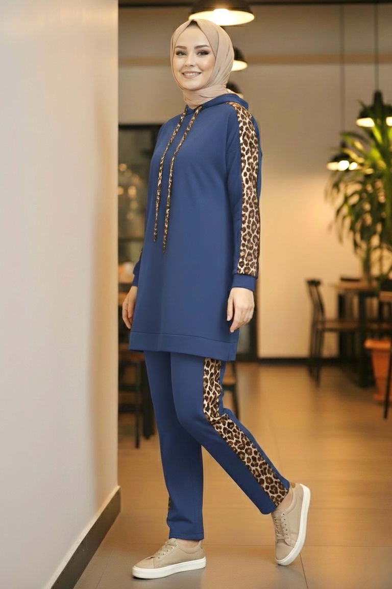Leopar Şerit Detaylı İki İplik İkili Takım - 2051-INDIGO - TOFİSA