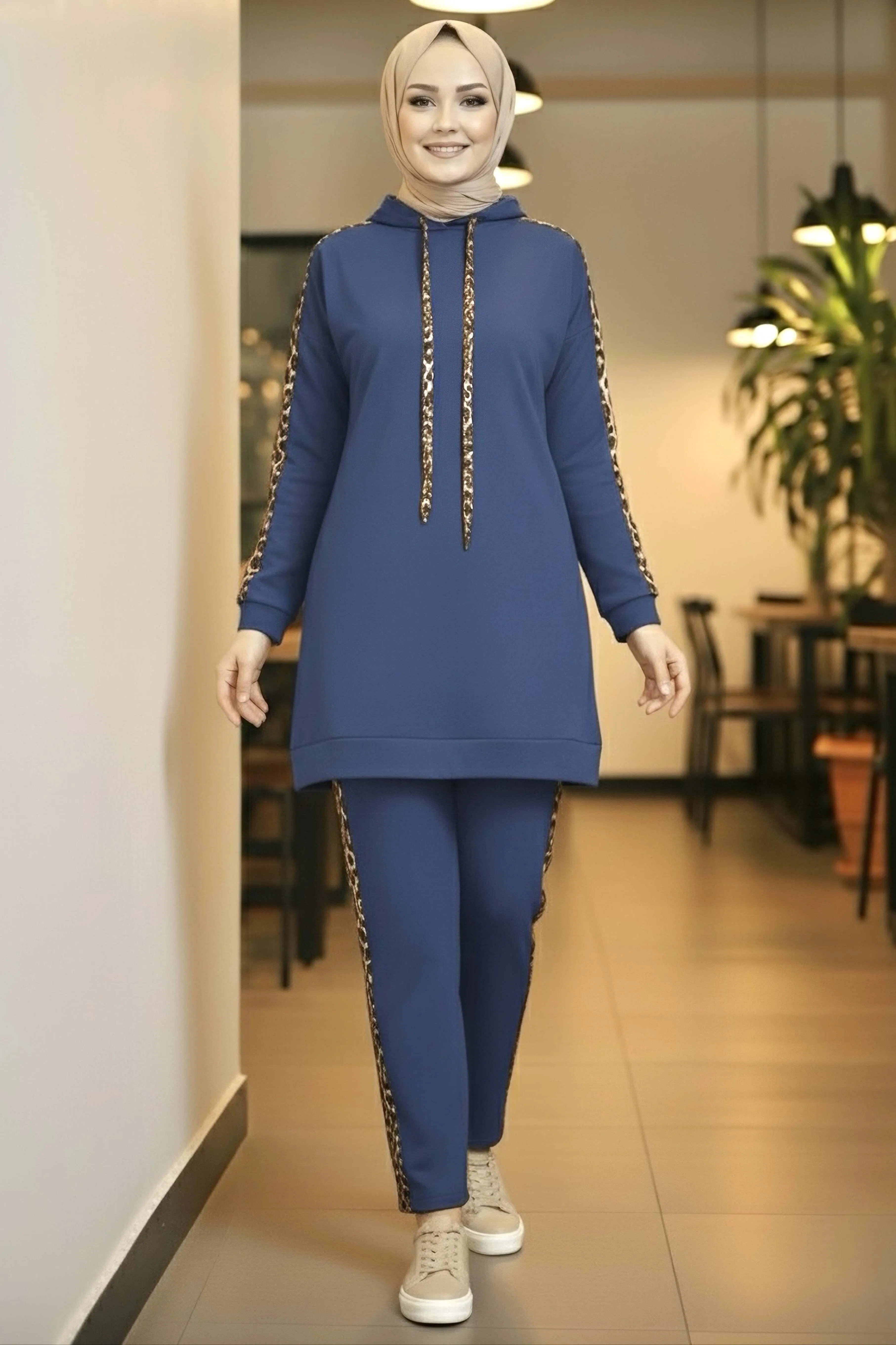 Leopar Şerit Detaylı İki İplik İkili Takım - 2051-INDIGO - 2