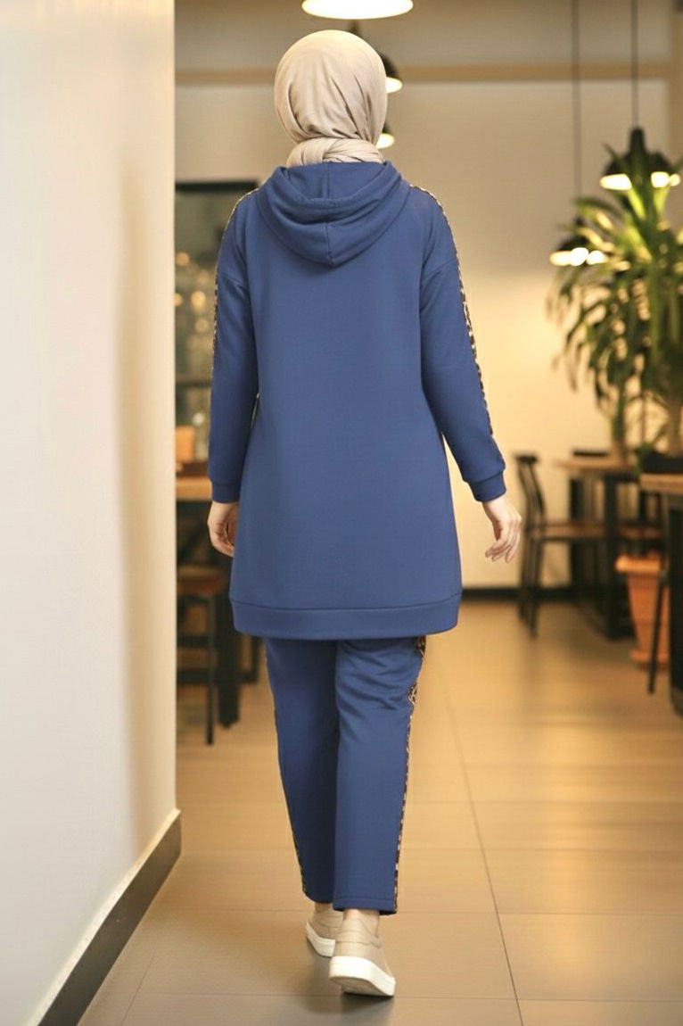 Leopar Şerit Detaylı İki İplik İkili Takım - 2051-INDIGO - 3