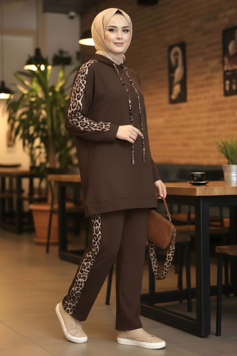 Leopar Şerit Detaylı İki İplik İkili Takım - 2051-KAHVE - TOFİSA