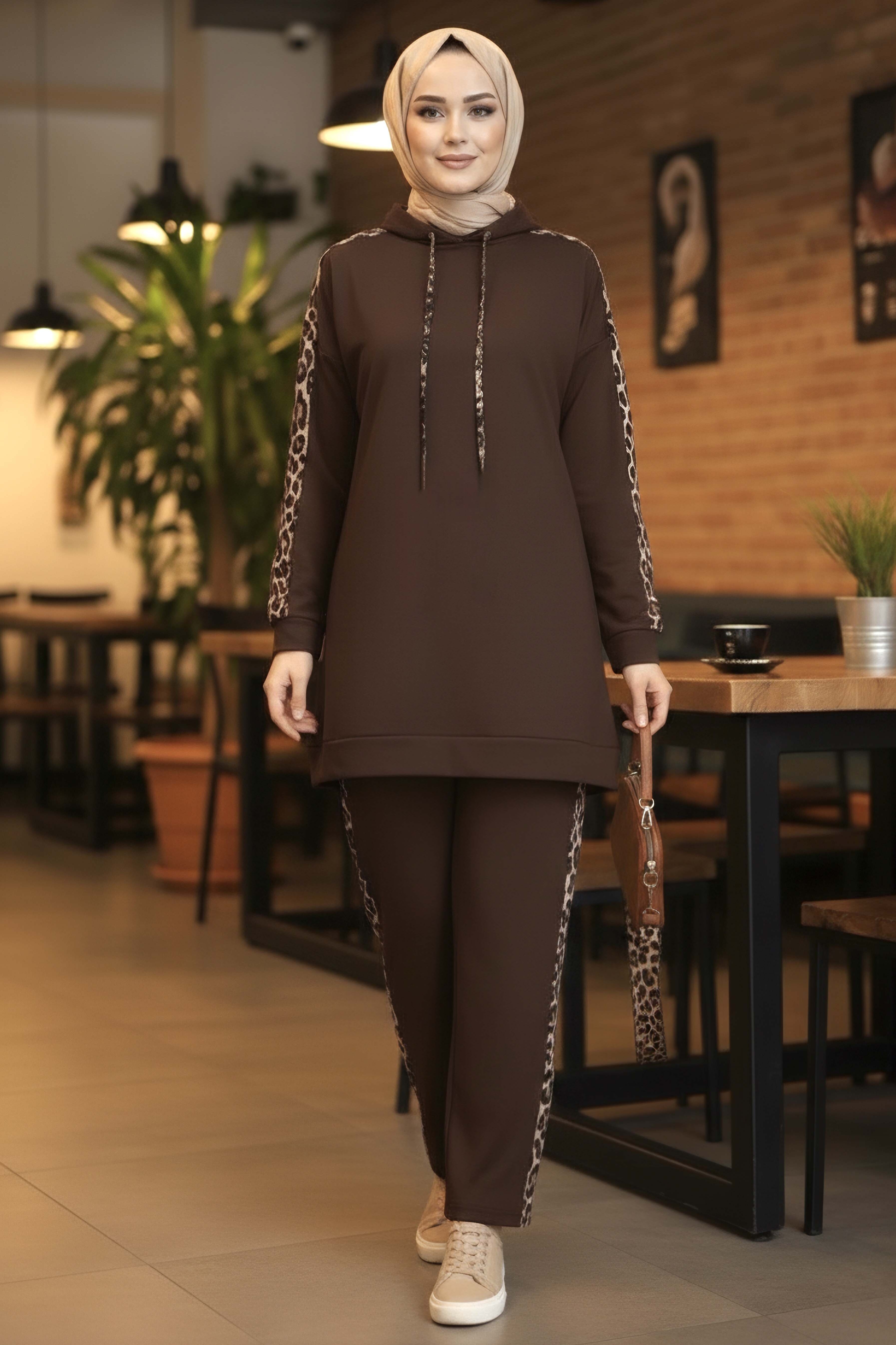 Leopar Şerit Detaylı İki İplik İkili Takım - 2051-KAHVE - 2