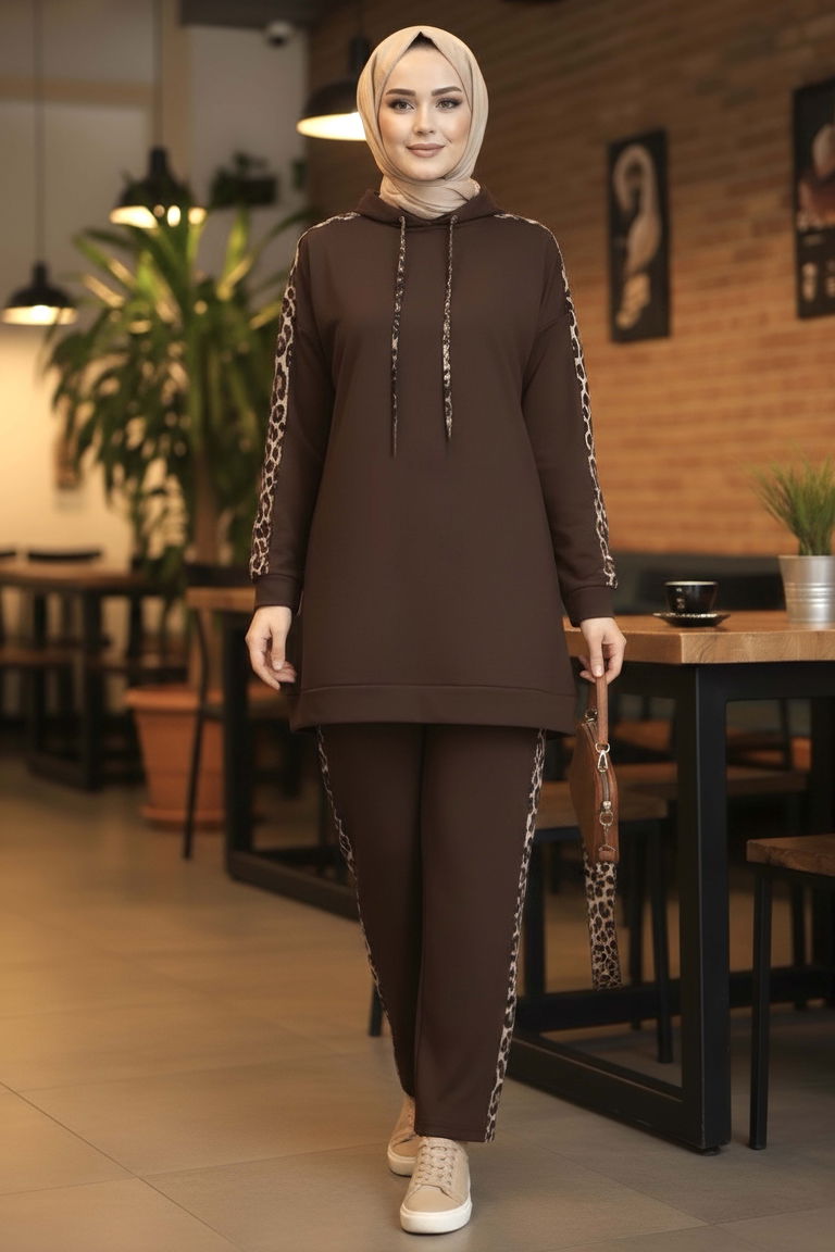 Leopar Şerit Detaylı İki İplik İkili Takım - 2051-KAHVE - TOFİSA