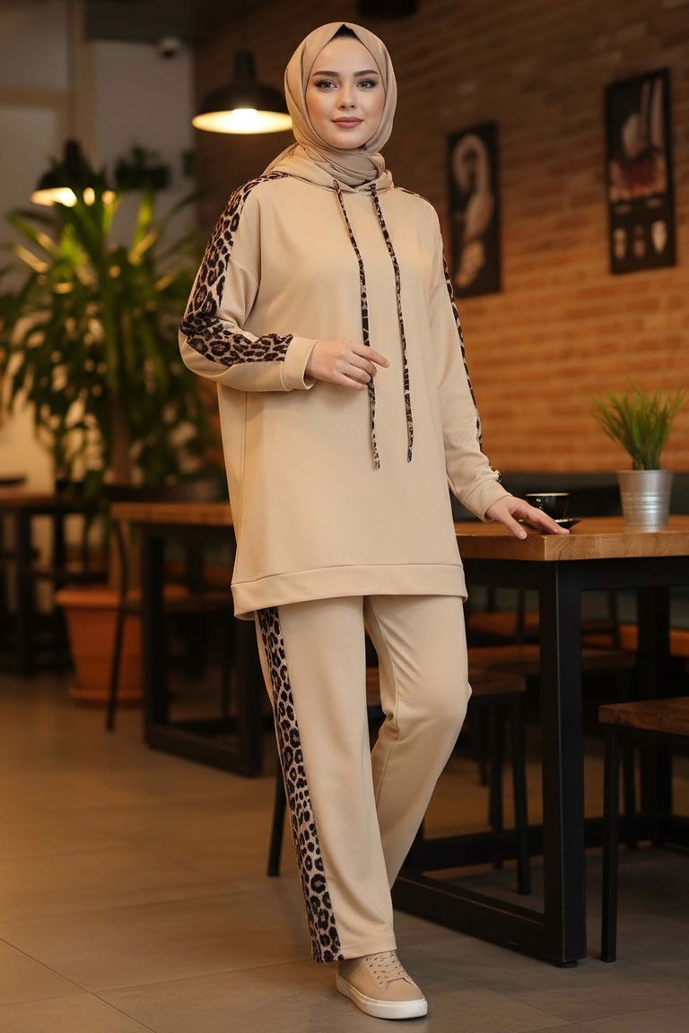 Leopar Şerit Detaylı İki İplik İkili Takım - 2051-KREM - TOFİSA