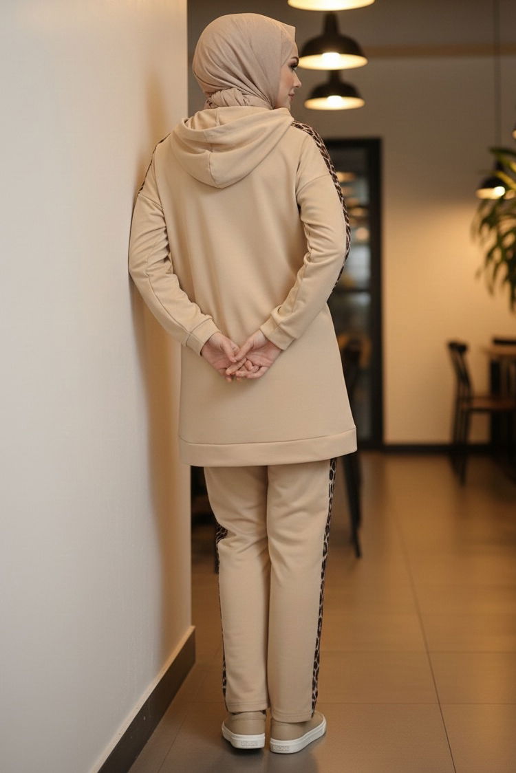 Leopar Şerit Detaylı İki İplik İkili Takım - 2051-KREM - 3