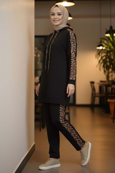 Leopar Şerit Detaylı İki İplik İkili Takım - 2051-SIYAH 