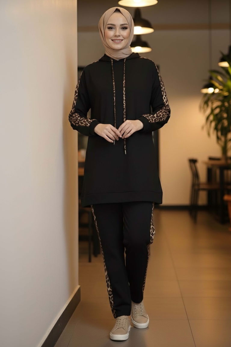 Leopar Şerit Detaylı İki İplik İkili Takım - 2051-SIYAH - TOFİSA