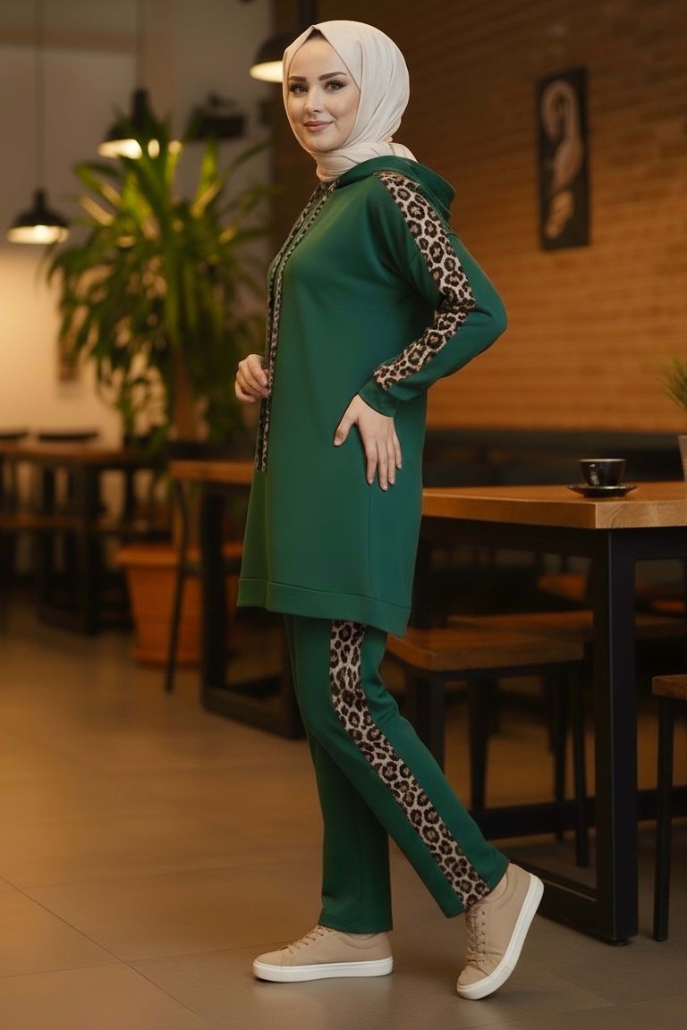 Leopar Şerit Detaylı İki İplik İkili Takım - 2051-ZUMRUT - TOFİSA