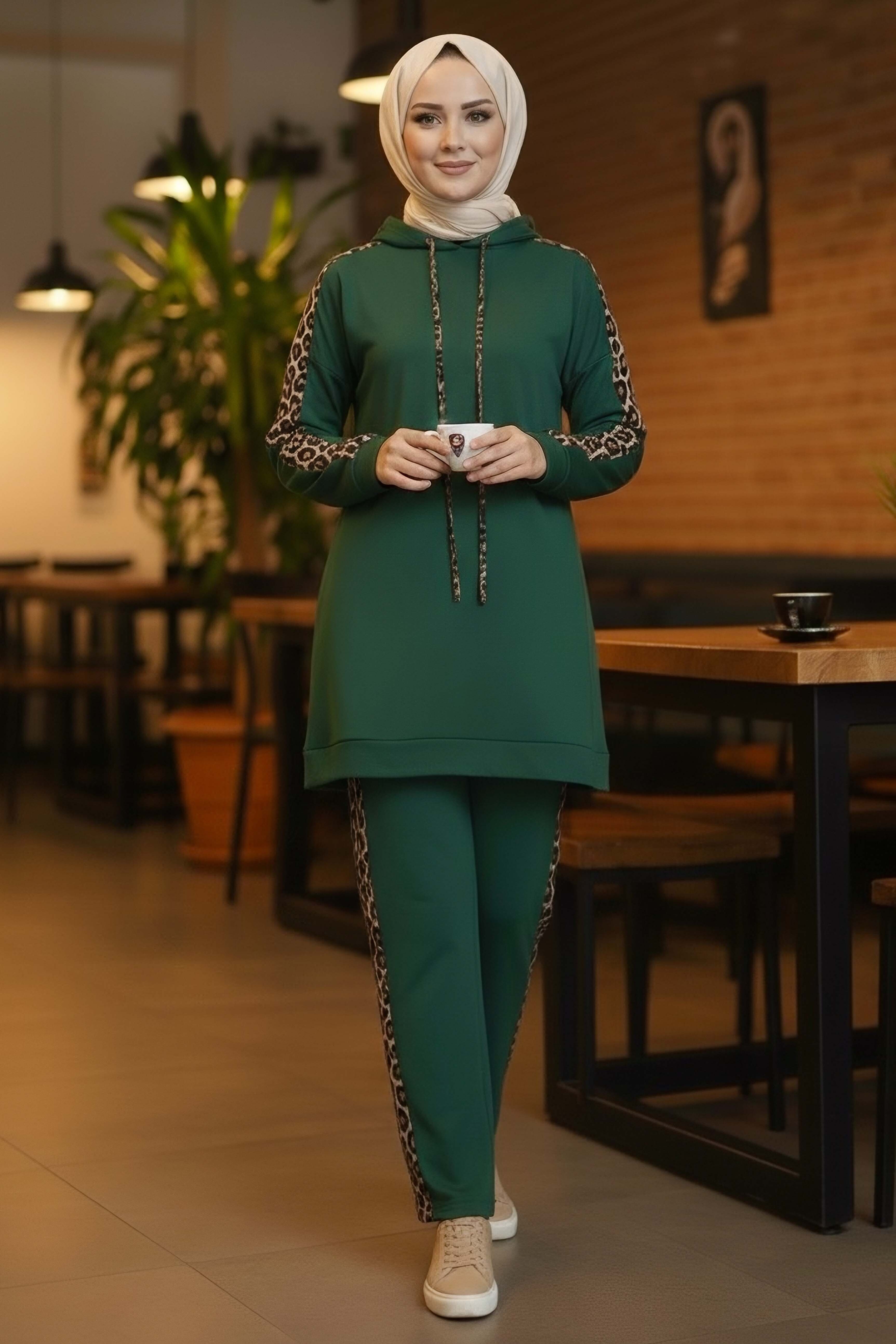 Leopar Şerit Detaylı İki İplik İkili Takım - 2051-ZUMRUT - 2