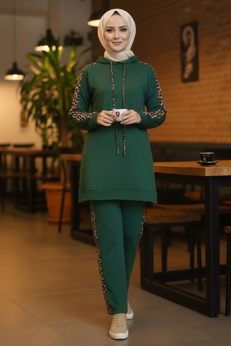 Leopar Şerit Detaylı İki İplik İkili Takım - 2051-ZUMRUT - TOFİSA