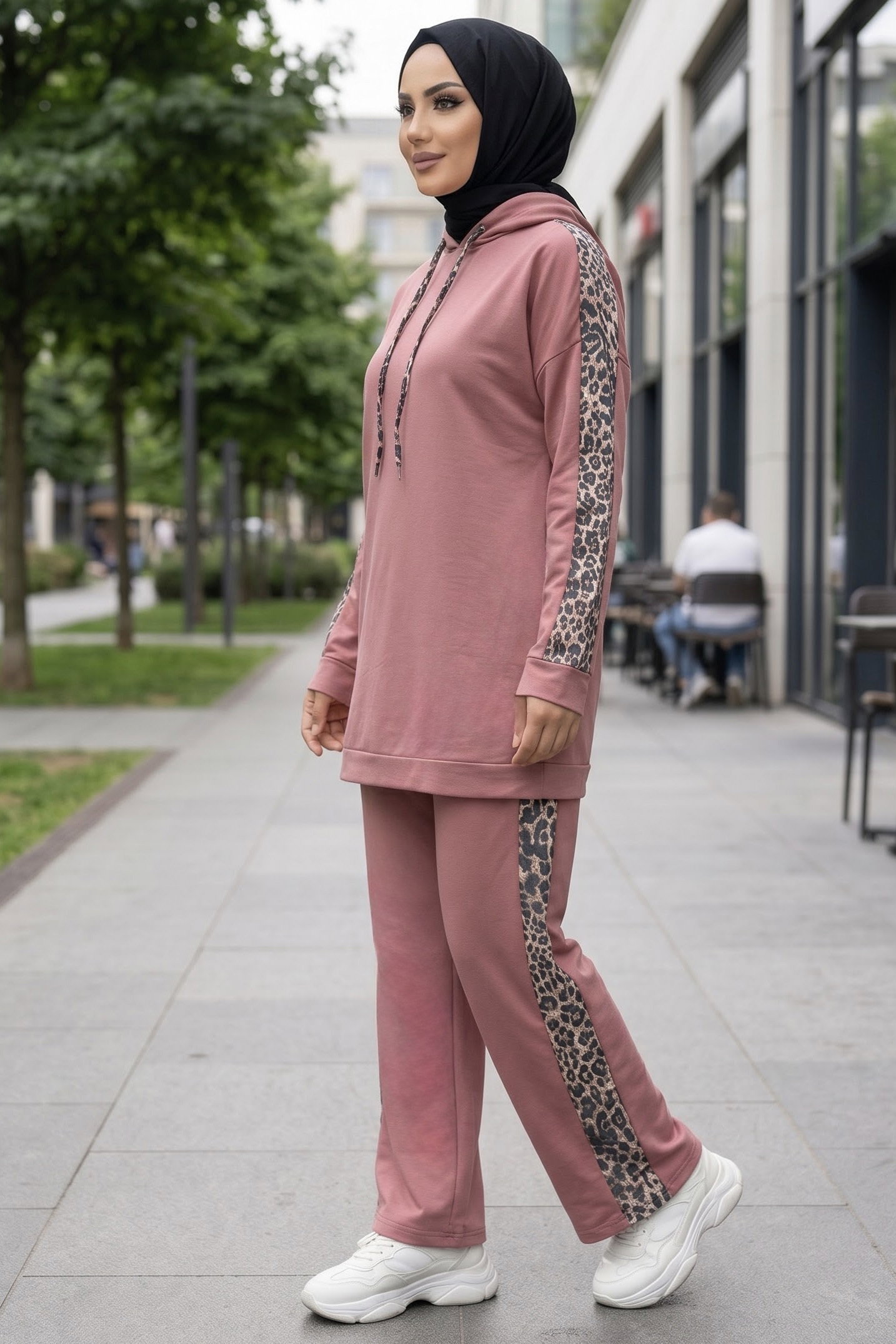 Leopar Şerit Detaylı İki İplik İkili Takım Gül - 2051-GUL - 1