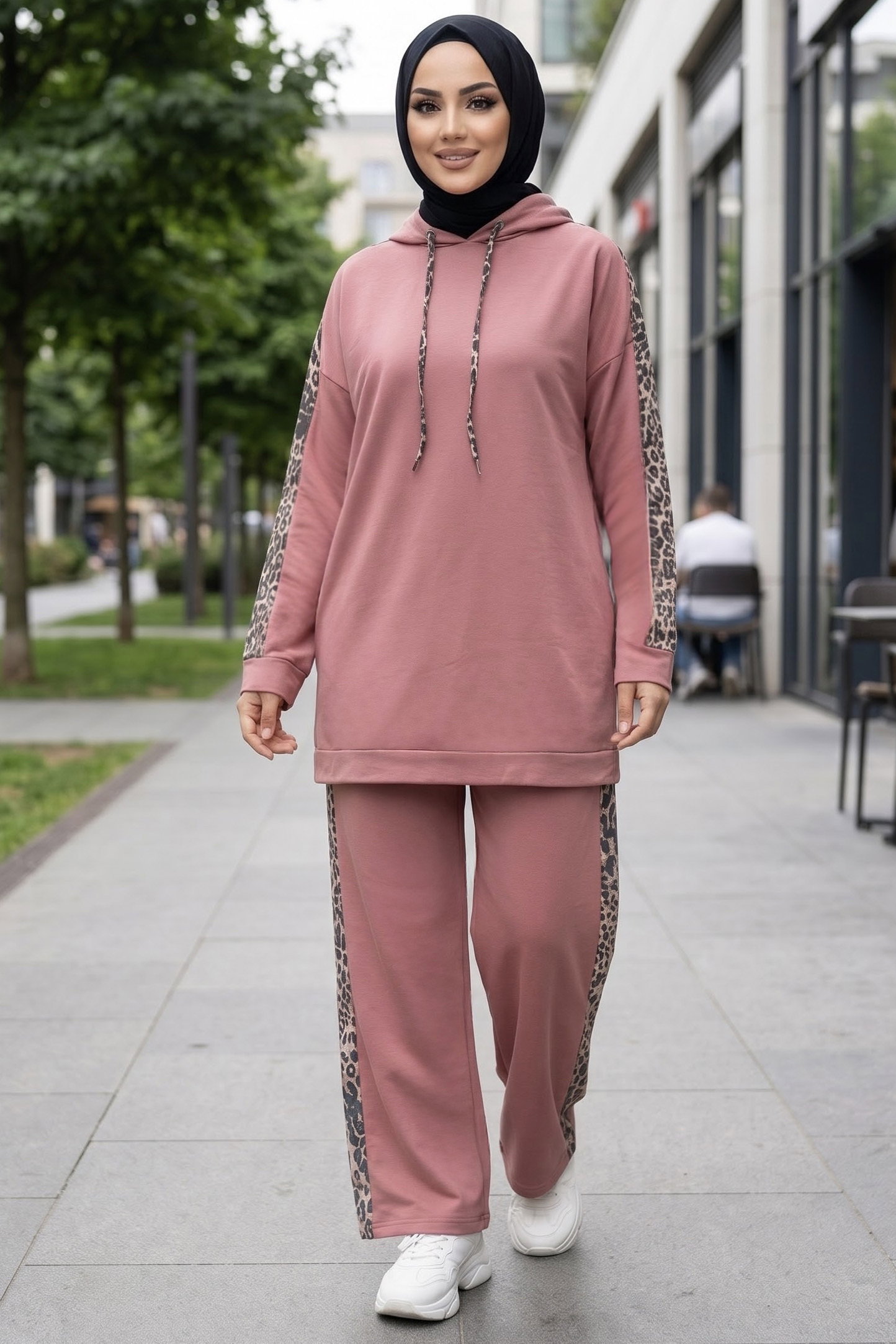 Leopar Şerit Detaylı İki İplik İkili Takım Gül - 2051-GUL - 2