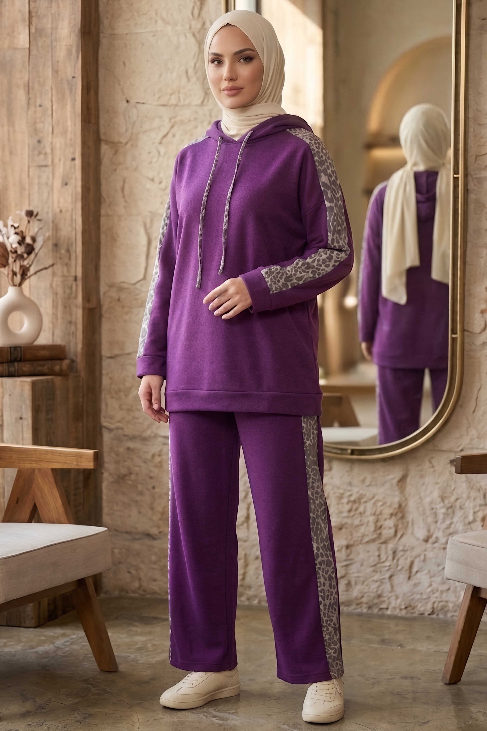 Leopar Şerit Detaylı İki İplik İkili Takım Mor - 2051-MOR - 2