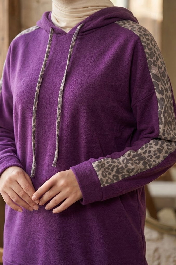 Leopar Şerit Detaylı İki İplik İkili Takım Mor - 2051-MOR - 3