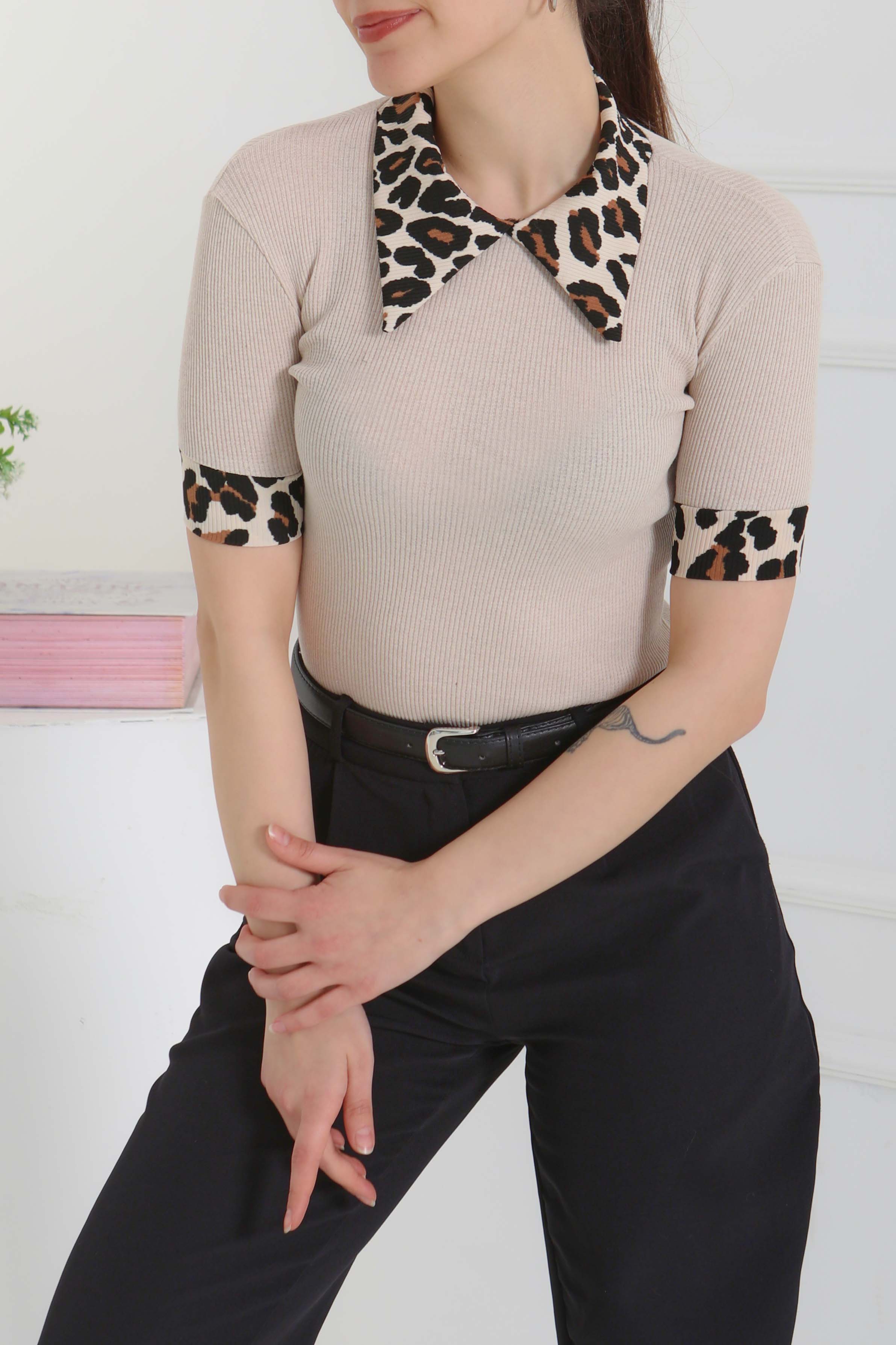 Leopar Yakalı Crop - 27136 - 2