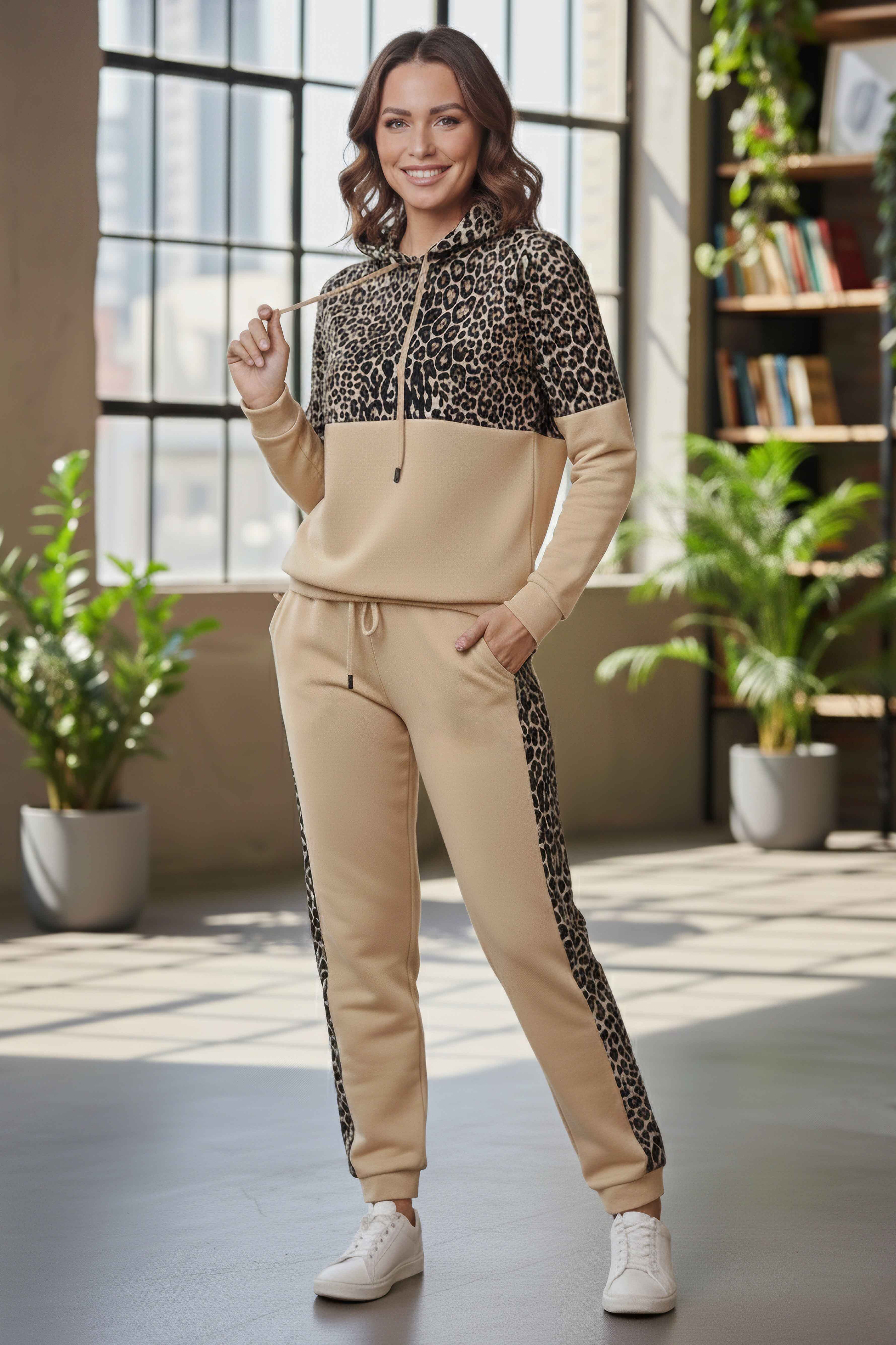 Leoparlı Kapüşonlu İkili Takım Bej - 2074-BEJ - 2