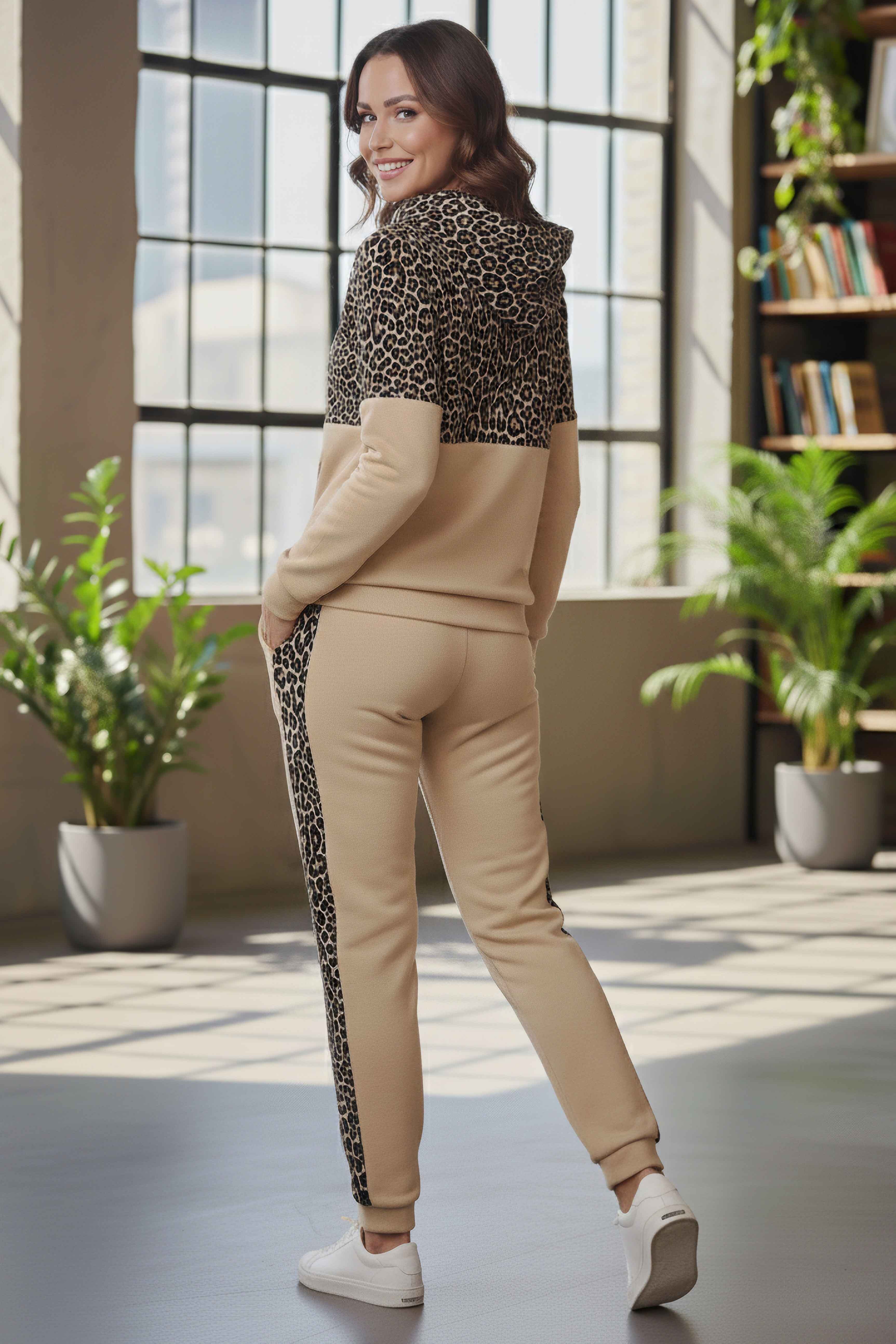 Leoparlı Kapüşonlu İkili Takım Bej - 2074-BEJ - 3