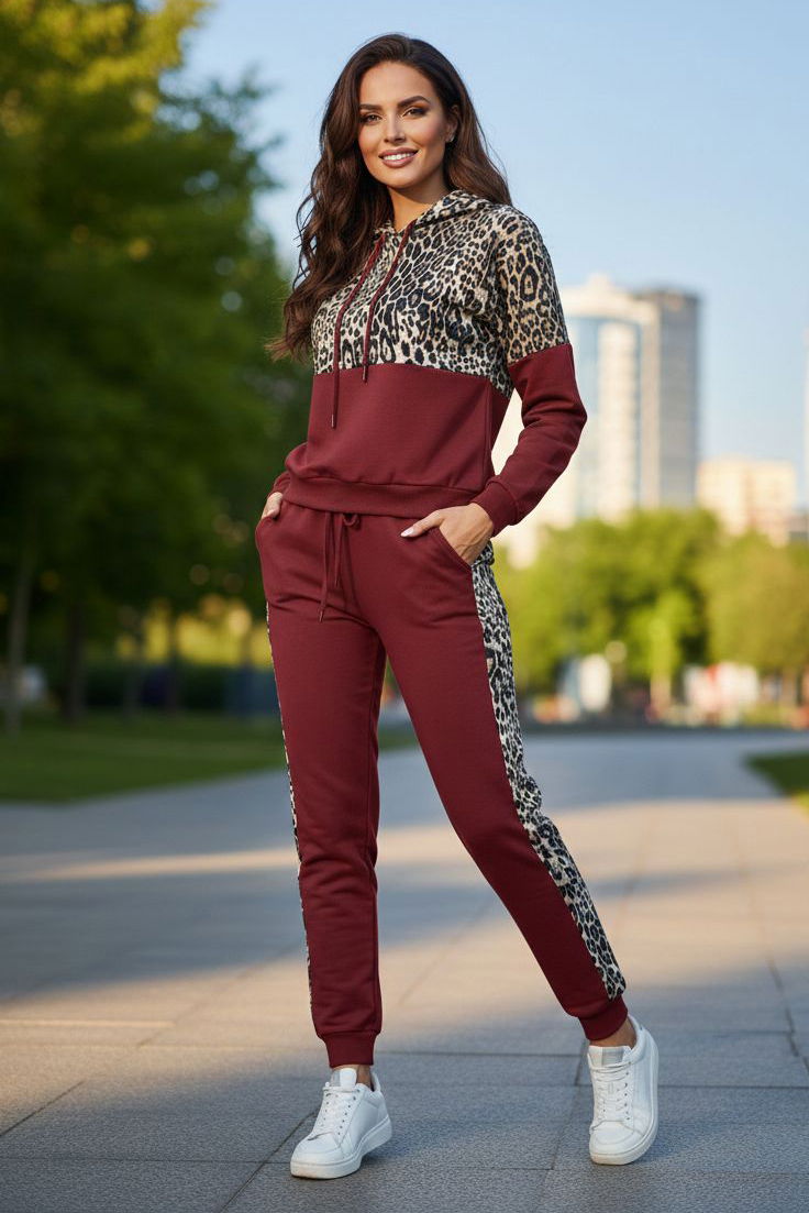 Leoparlı Kapüşonlu İkili Takım Bordo - 2074-BORDO - 1