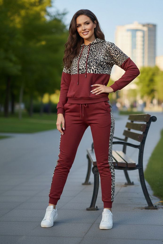 Leoparlı Kapüşonlu İkili Takım Bordo - 2074-BORDO - 2