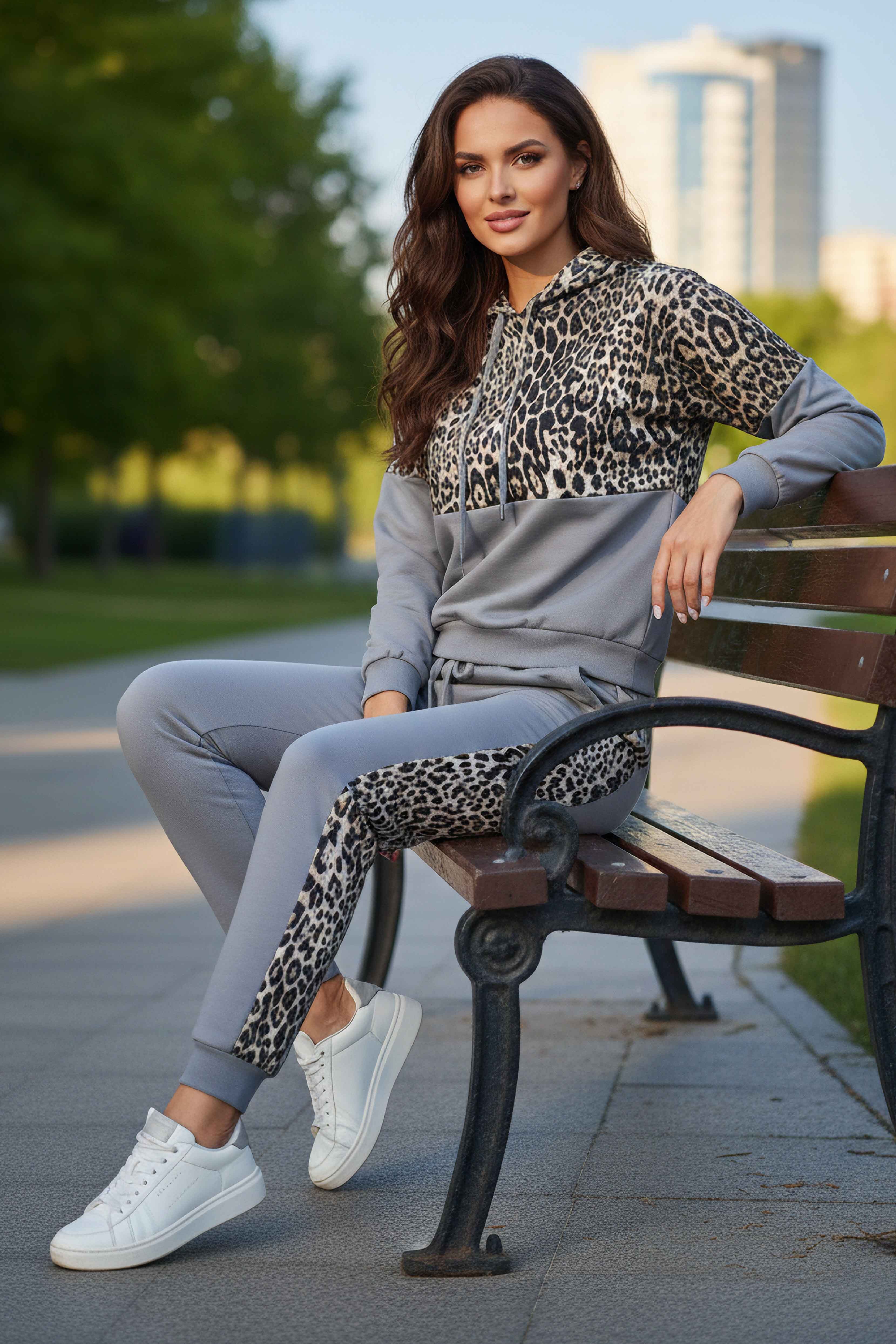 Leoparlı Kapüşonlu İkili Takım Gri - 2074-GRI - 1