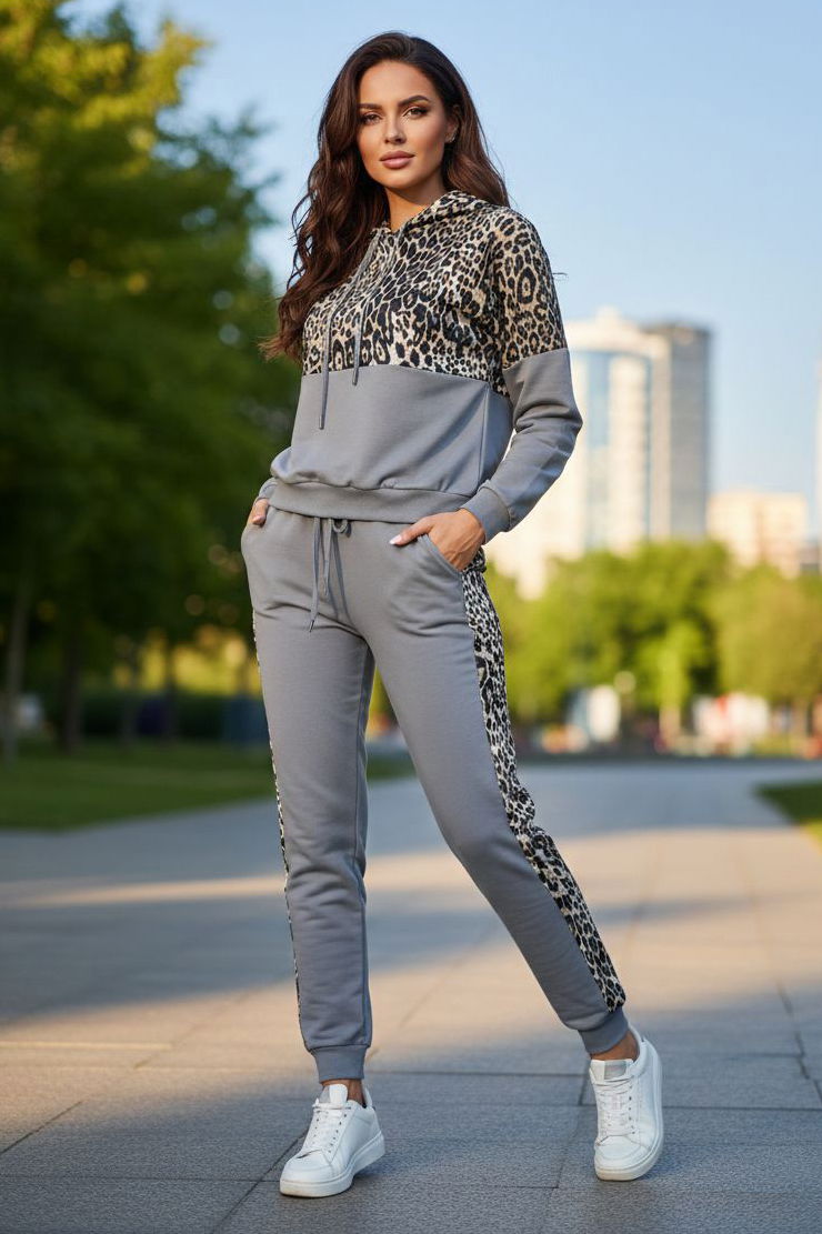 Leoparlı Kapüşonlu İkili Takım Gri - 2074-GRI - 2