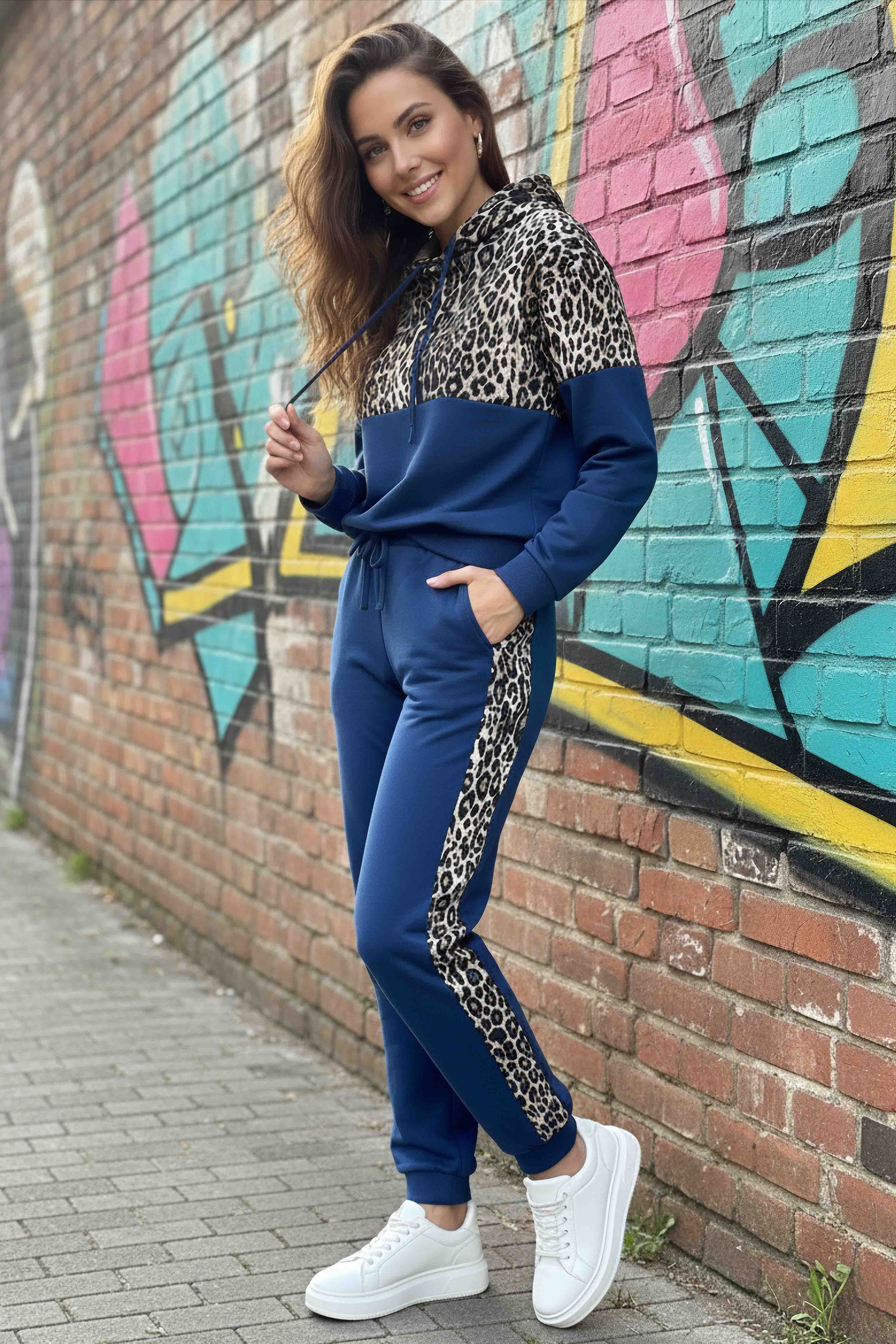 Leoparlı Kapüşonlu İkili Takım Indigo - 2074-INDIGO - 1