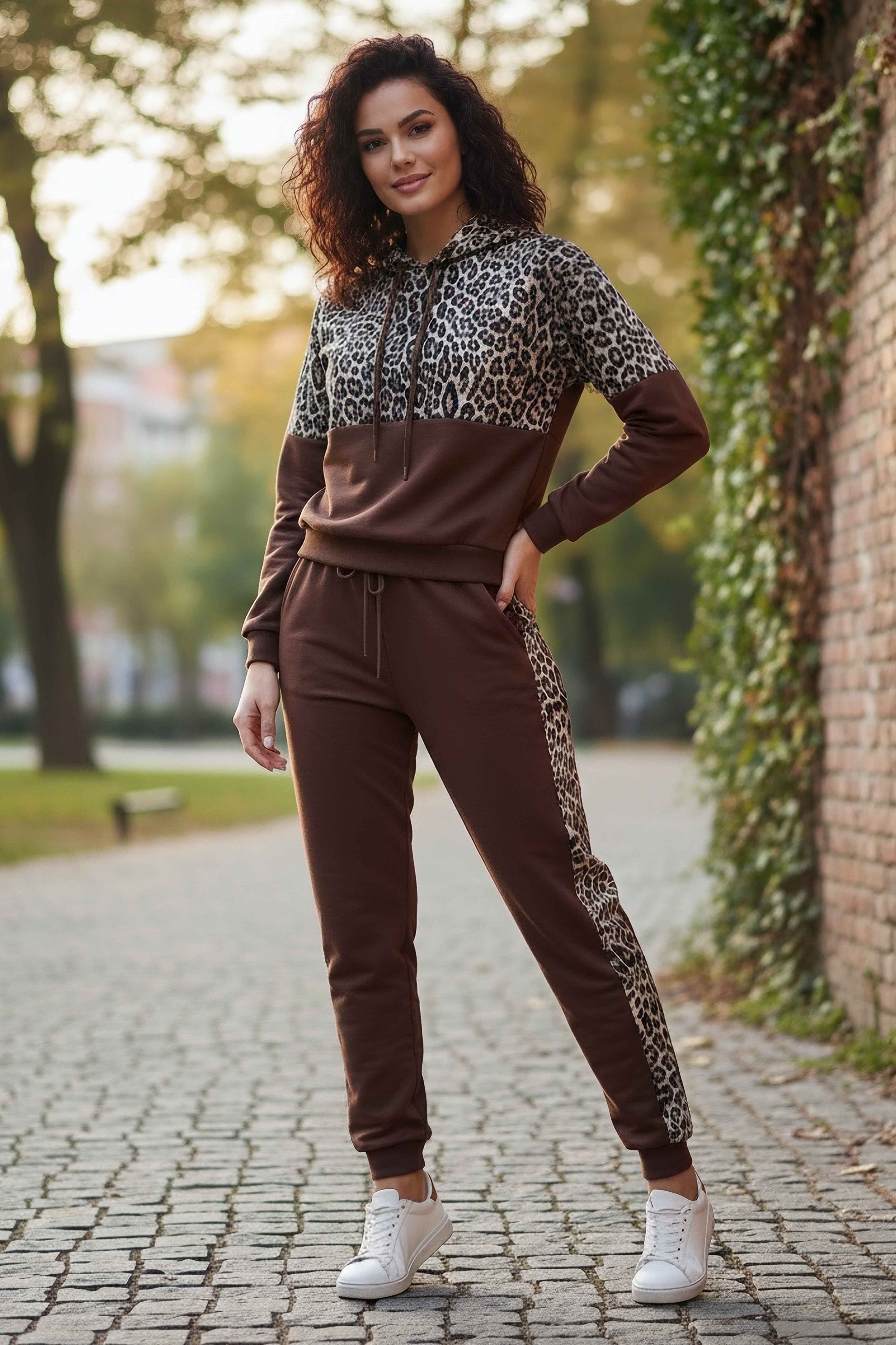 Leoparlı Kapüşonlu İkili Takım Kahve - 2074-KAHVE - 1