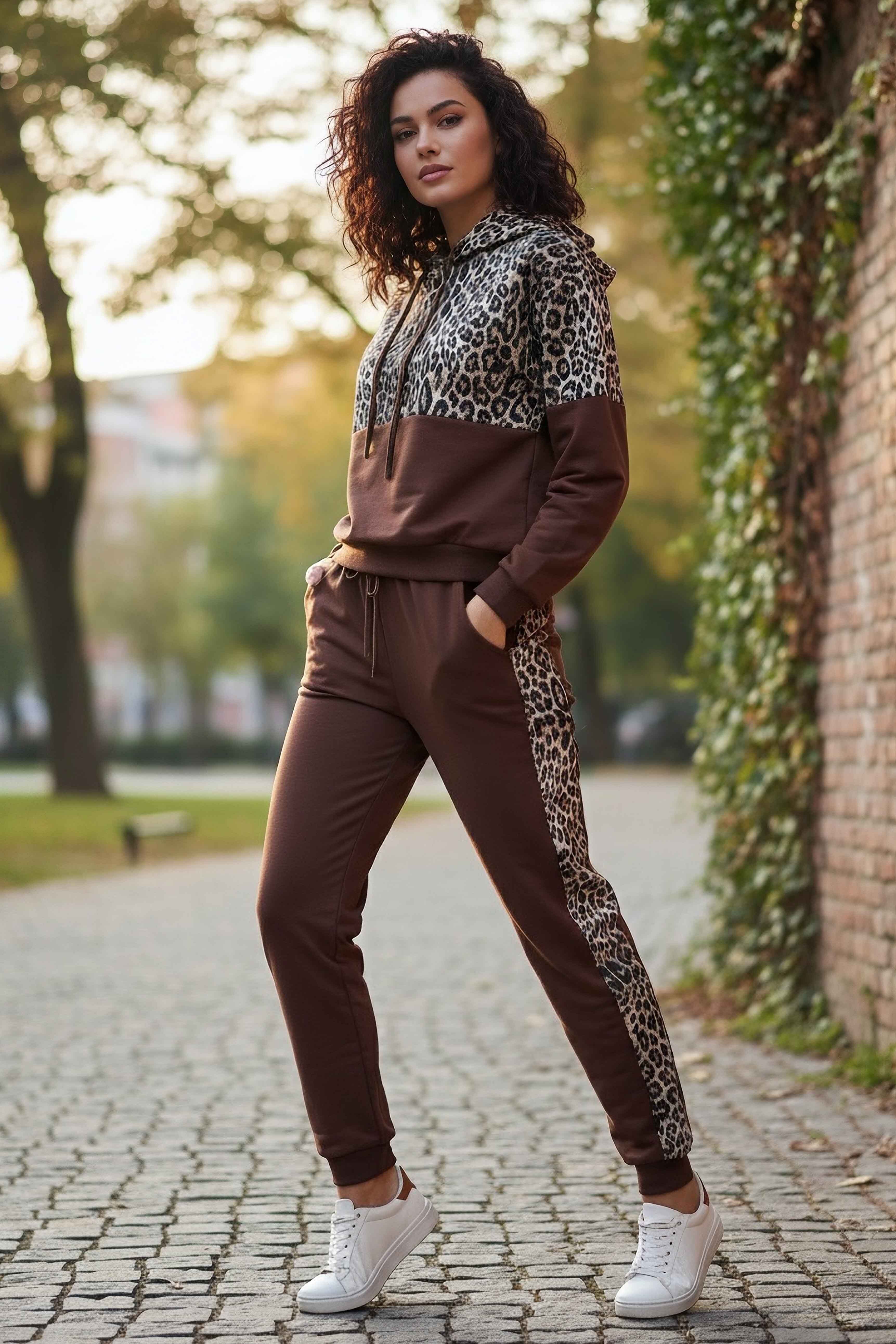 Leoparlı Kapüşonlu İkili Takım Kahve - 2074-KAHVE - 2