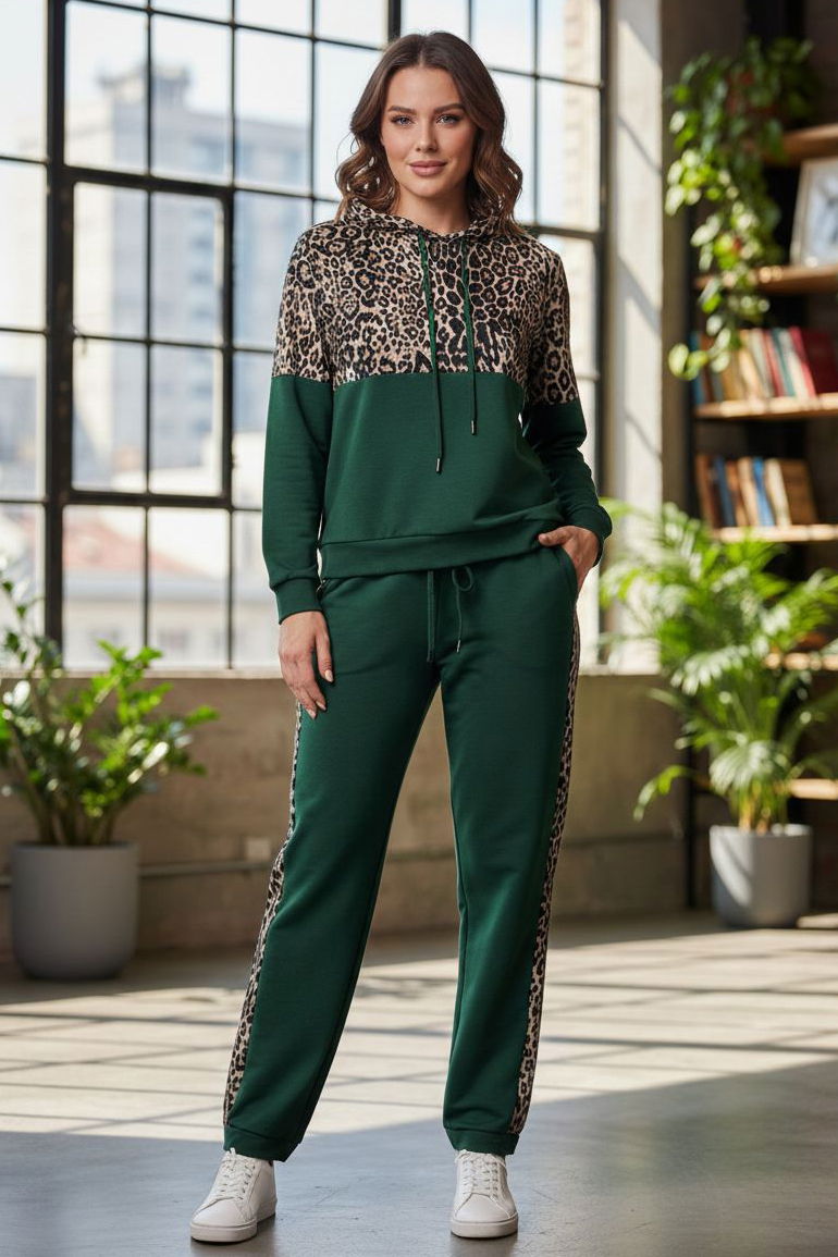Leoparlı Kapüşonlu İkili Takım Zümrüt - 2074-ZUMRUT - 1