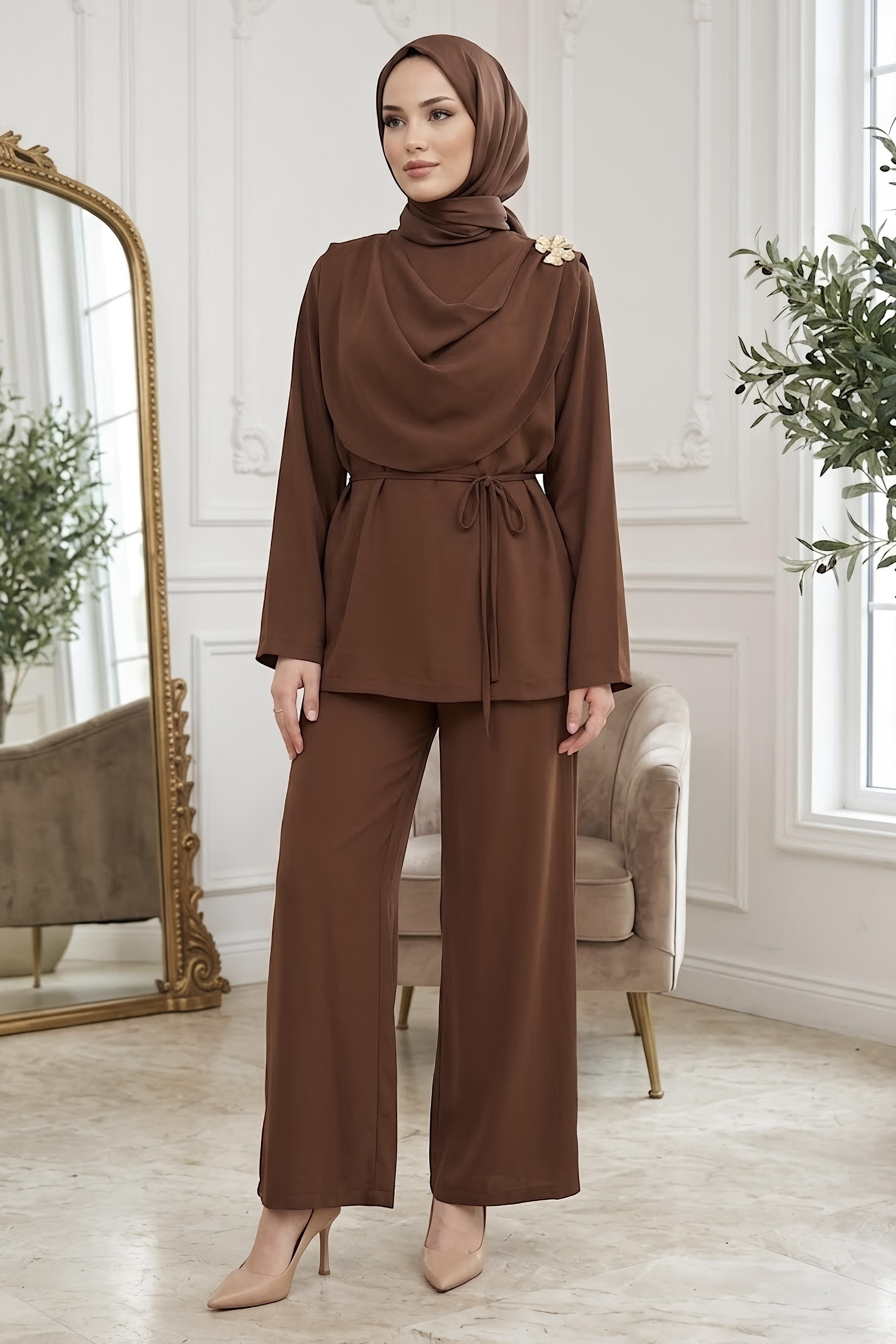 Linda Broşlu İkili Takım Kahve - 28523-KAHVE - 1