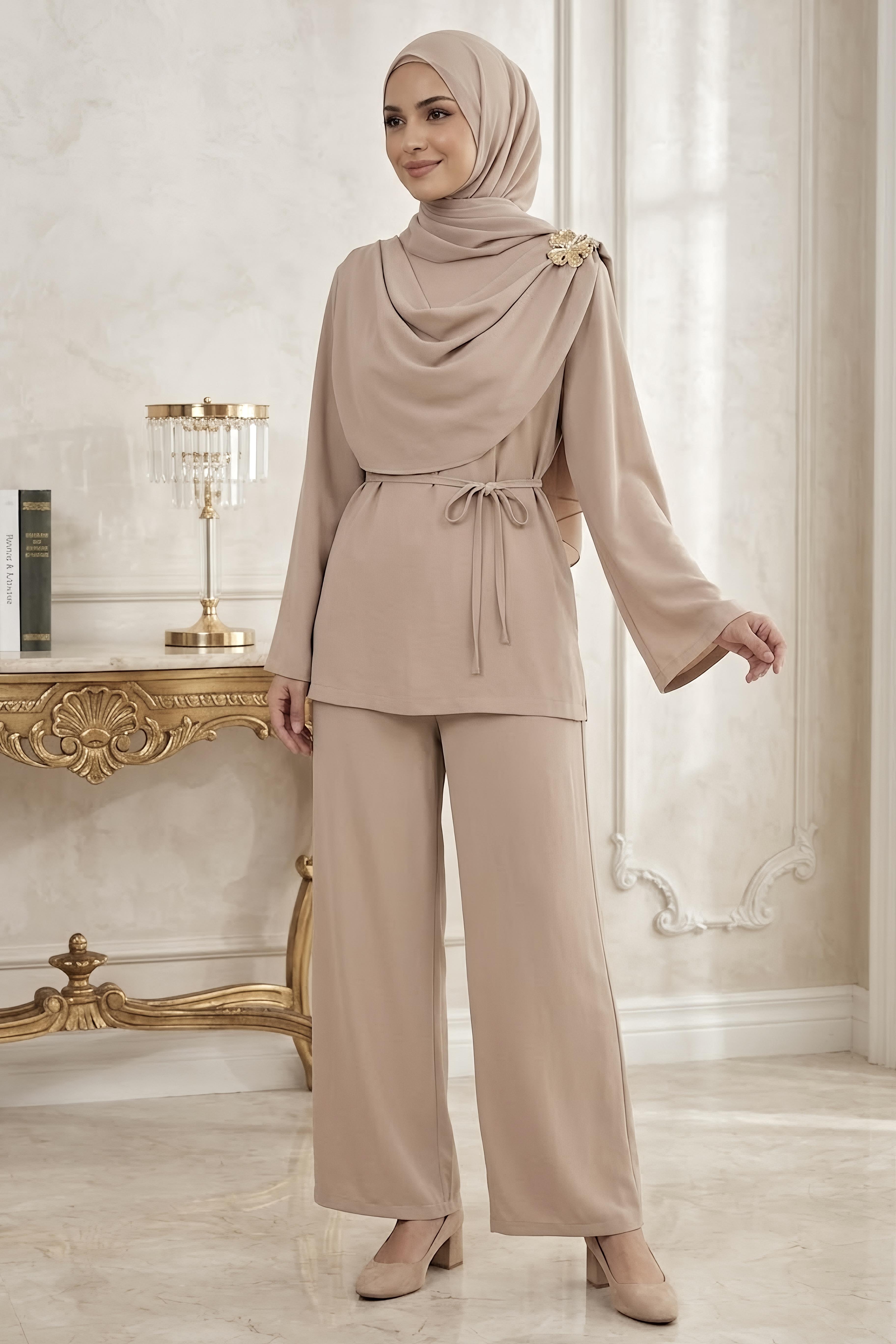 Linda Broşlu İkili Takım Krem - 28523-KREM - 1