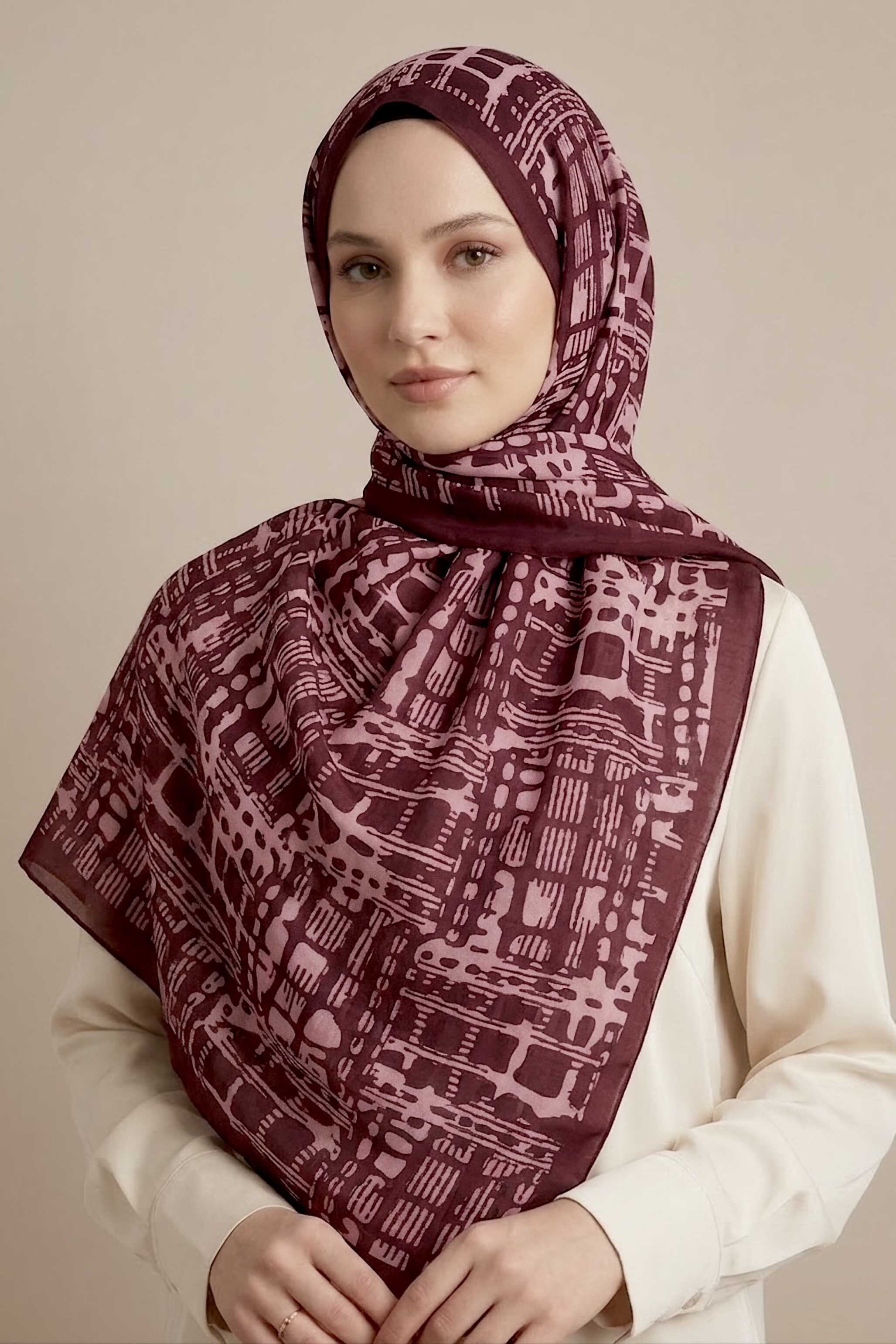 Line Art Desen Pamuklu Şal Bordo - 28684-BORDO - 1