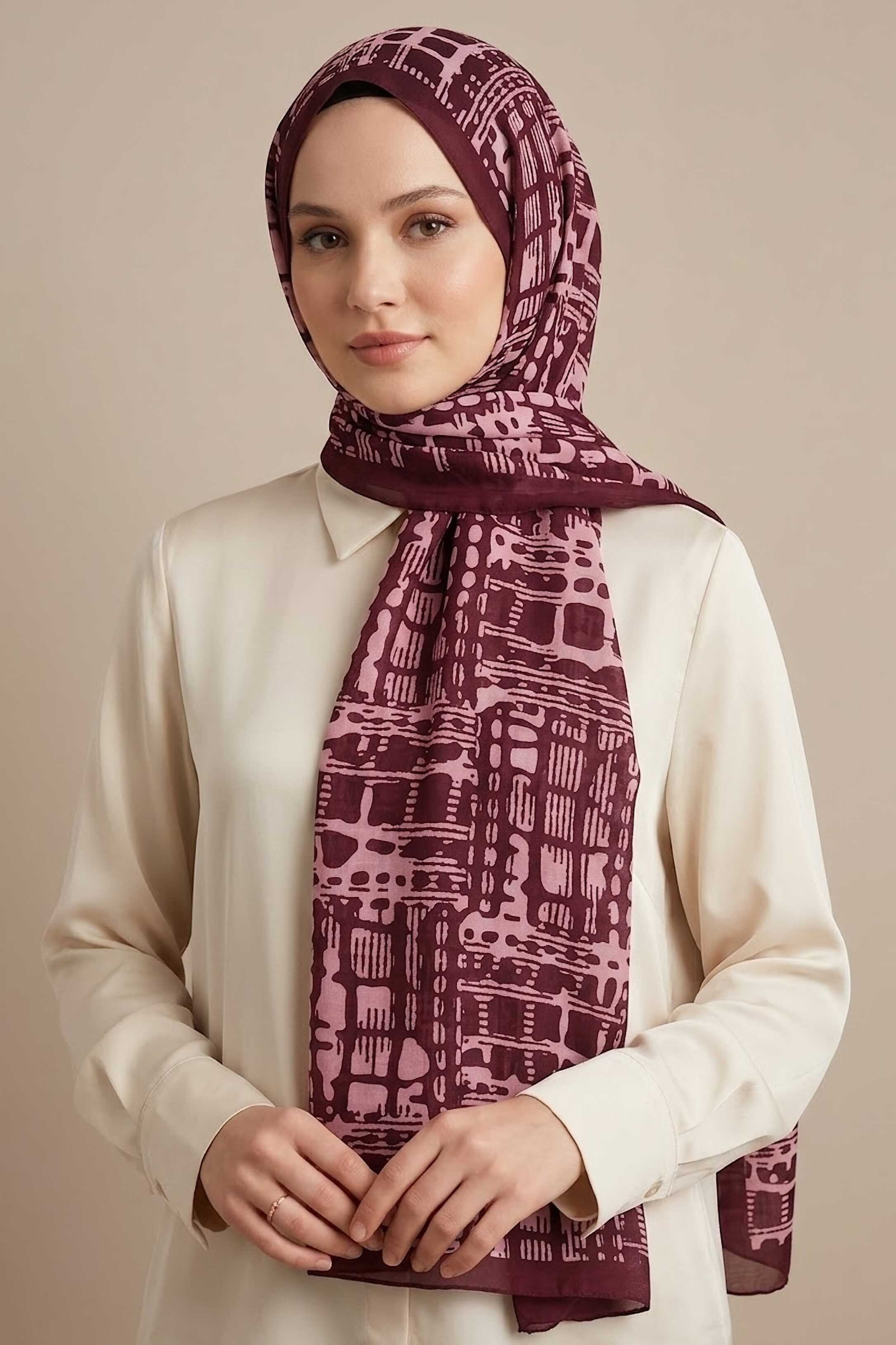 Line Art Desen Pamuklu Şal Bordo - 28684-BORDO - 2