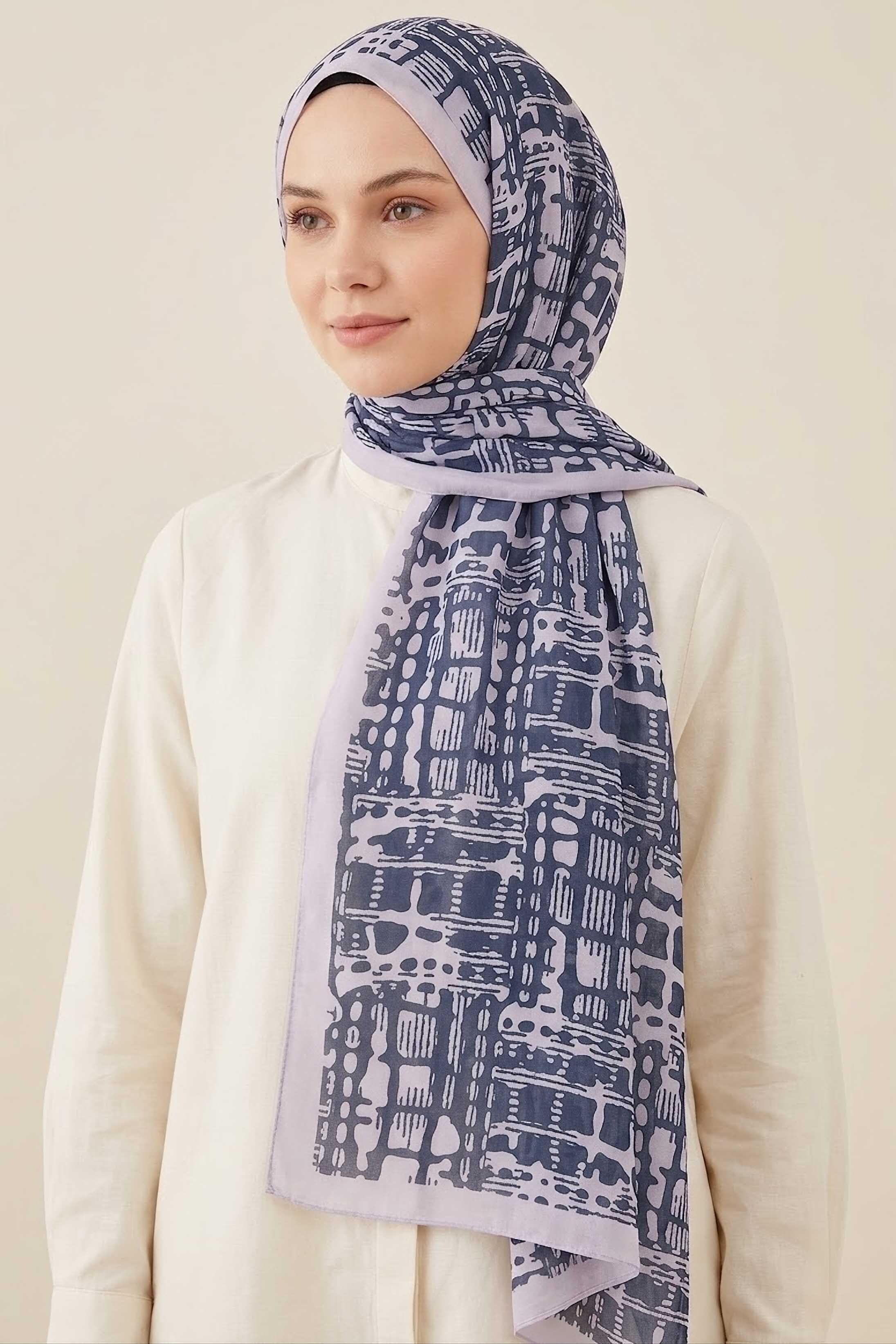 Line Art Desen Pamuklu Şal Gri - 28684-GRI - 2