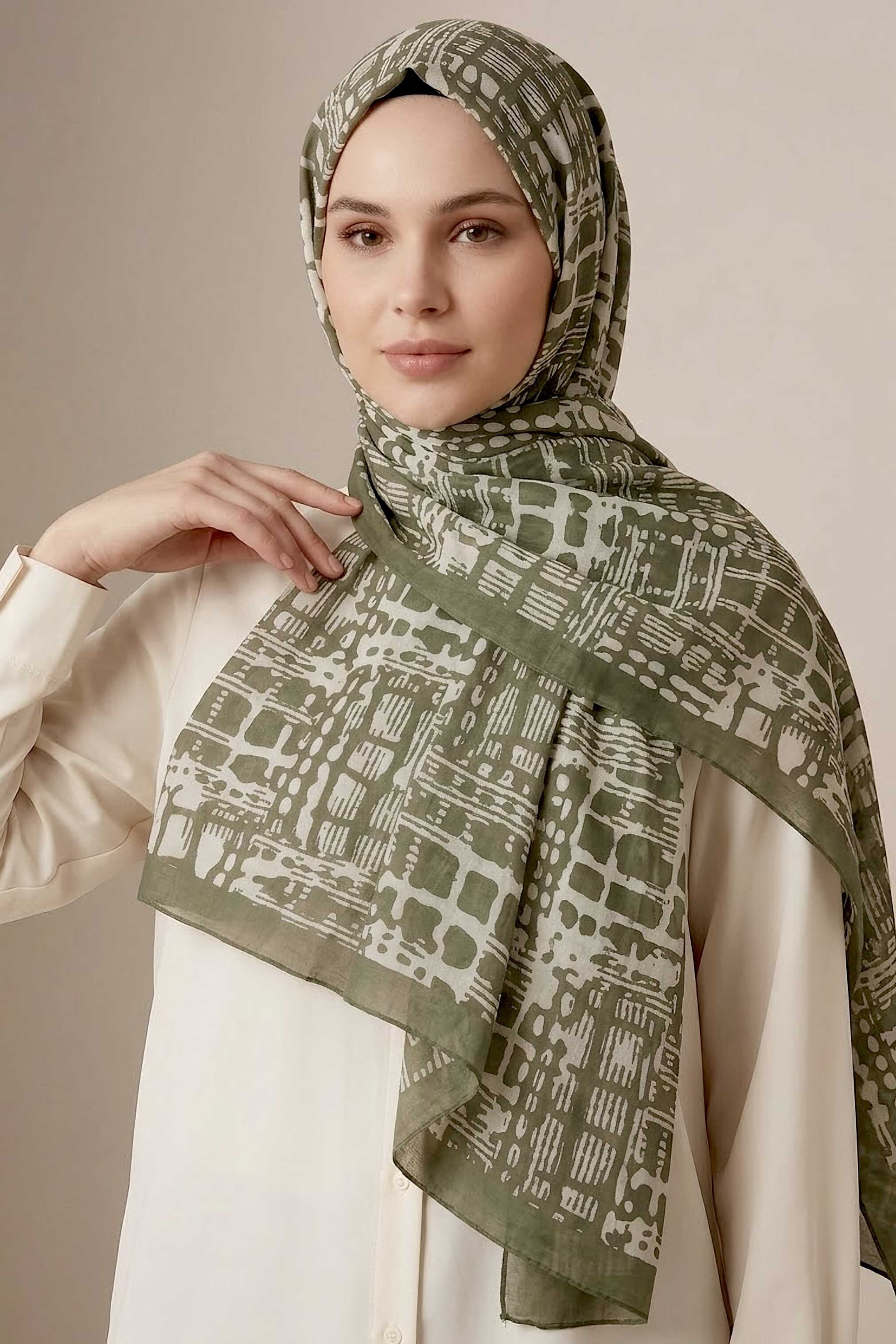 Line Art Desen Pamuklu Şal Haki - 28684-HAKI - 1