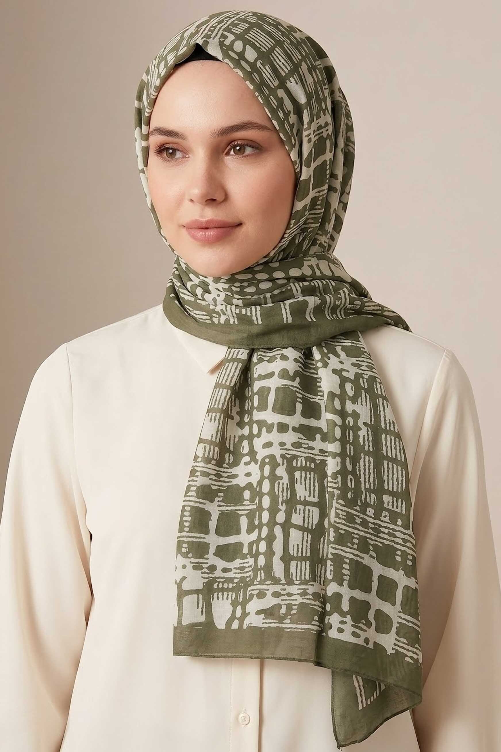 Line Art Desen Pamuklu Şal Haki - 28684-HAKI - 2
