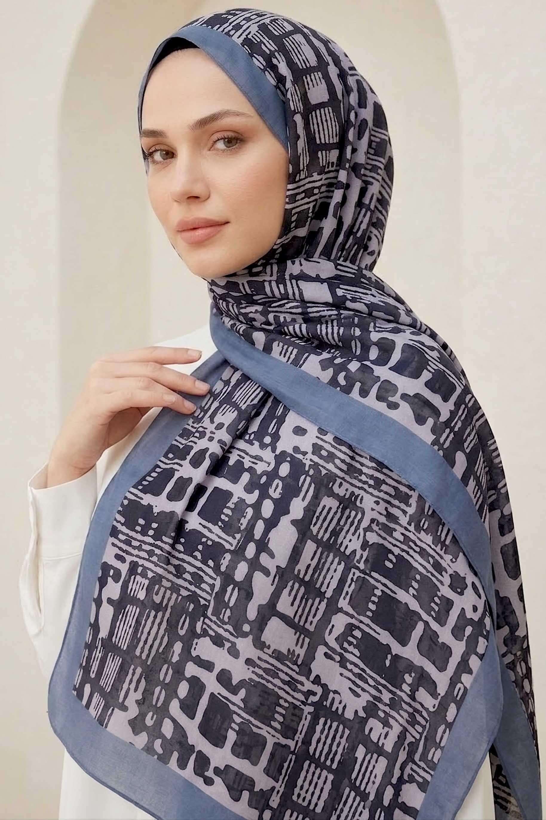 Line Art Desen Pamuklu Şal Indigo - 28684-INDIGO - 1