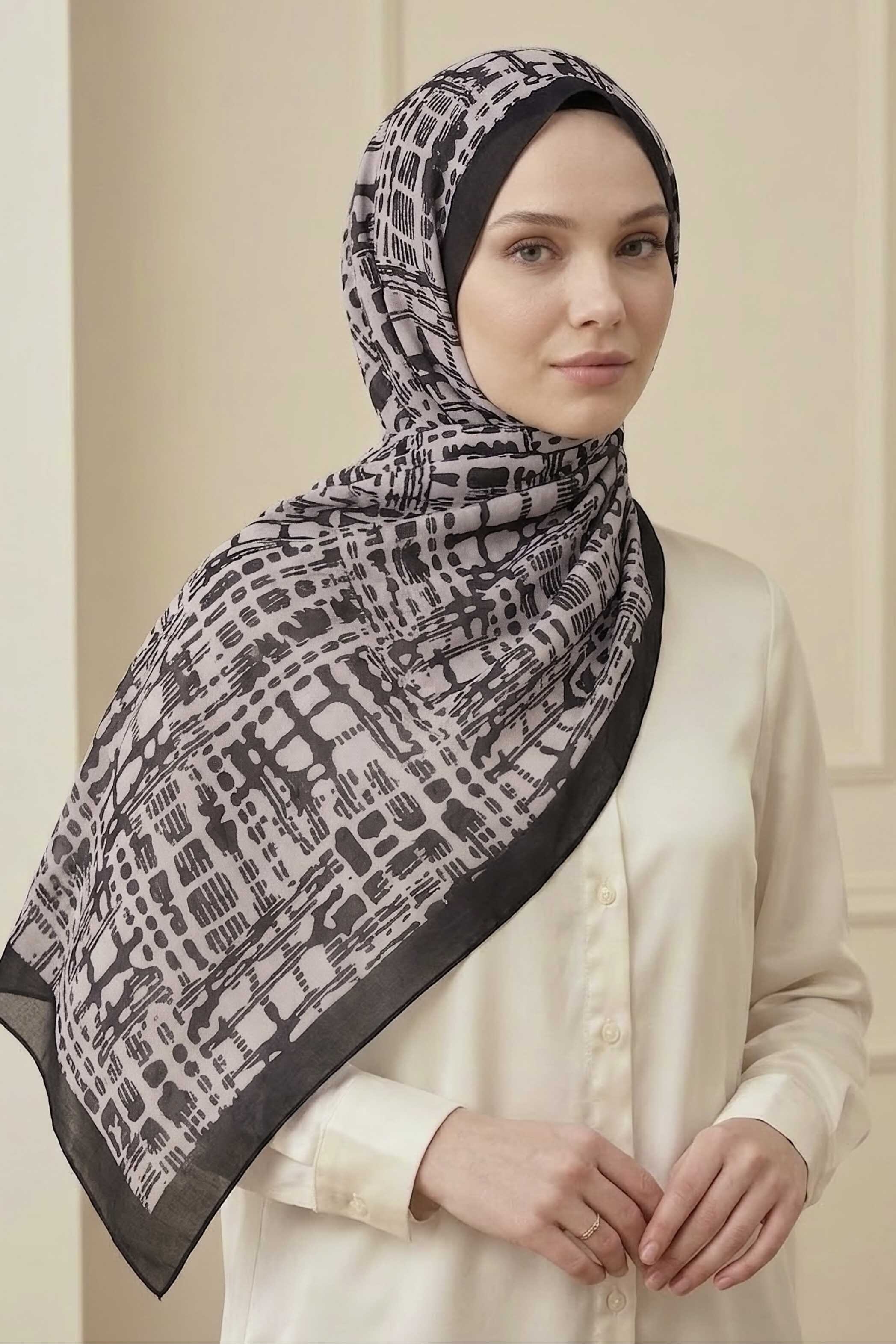 Line Art Desen Pamuklu Şal Kahve - 28684-KAHVE - 2
